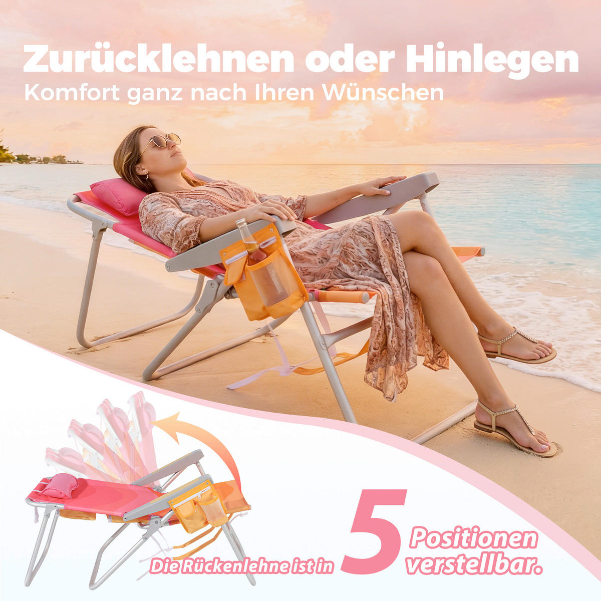 STRANDSTUHL Aluminium Alufarben, Pink  - Pink/Alufarben, Basics, Textil/Metall (62/77/96cm) - Modante