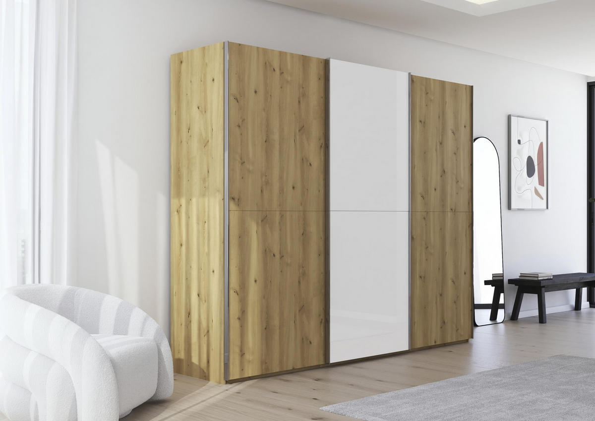 SCHWEBETÜRENSCHRANK 270/223/68 cm 3-türig Weiß, Eichefarben, Chromfarben  - Chromfarben/Eichefarben, Design, Glas/Holz (270/223/68cm) - Novel
