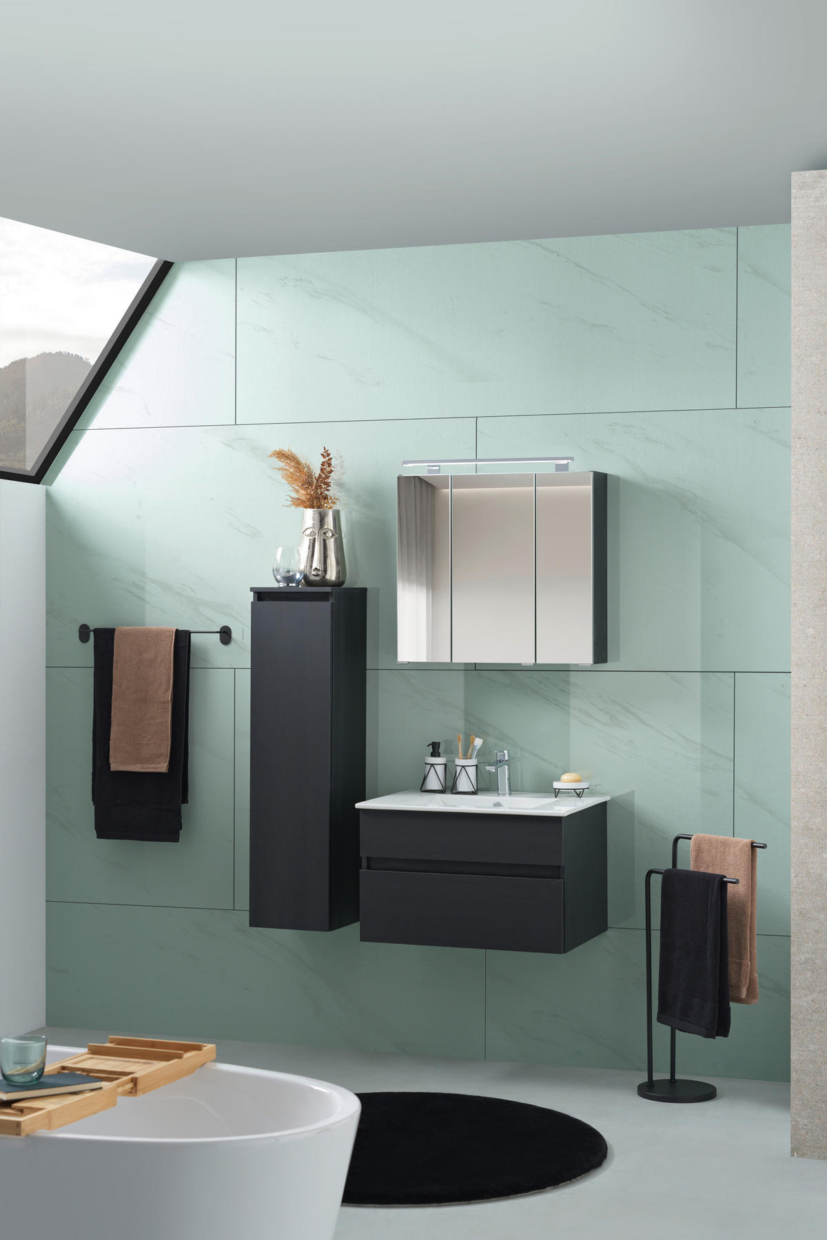 BADEZIMMER 3-teilig  in 72 cm  - Weiss/Schwarz, Design, Keramik/Holzwerkstoff (72cm) - Novel