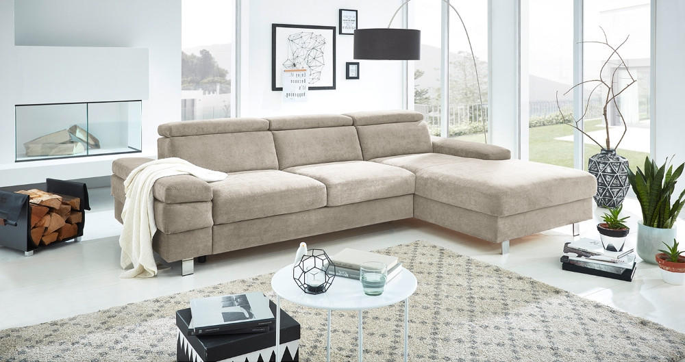 ECKSOFA Greige Webstoff  - Greige/Silberfarben, KONVENTIONELL, Textil/Metall (182/82/260cm) - Trendmanufaktur
