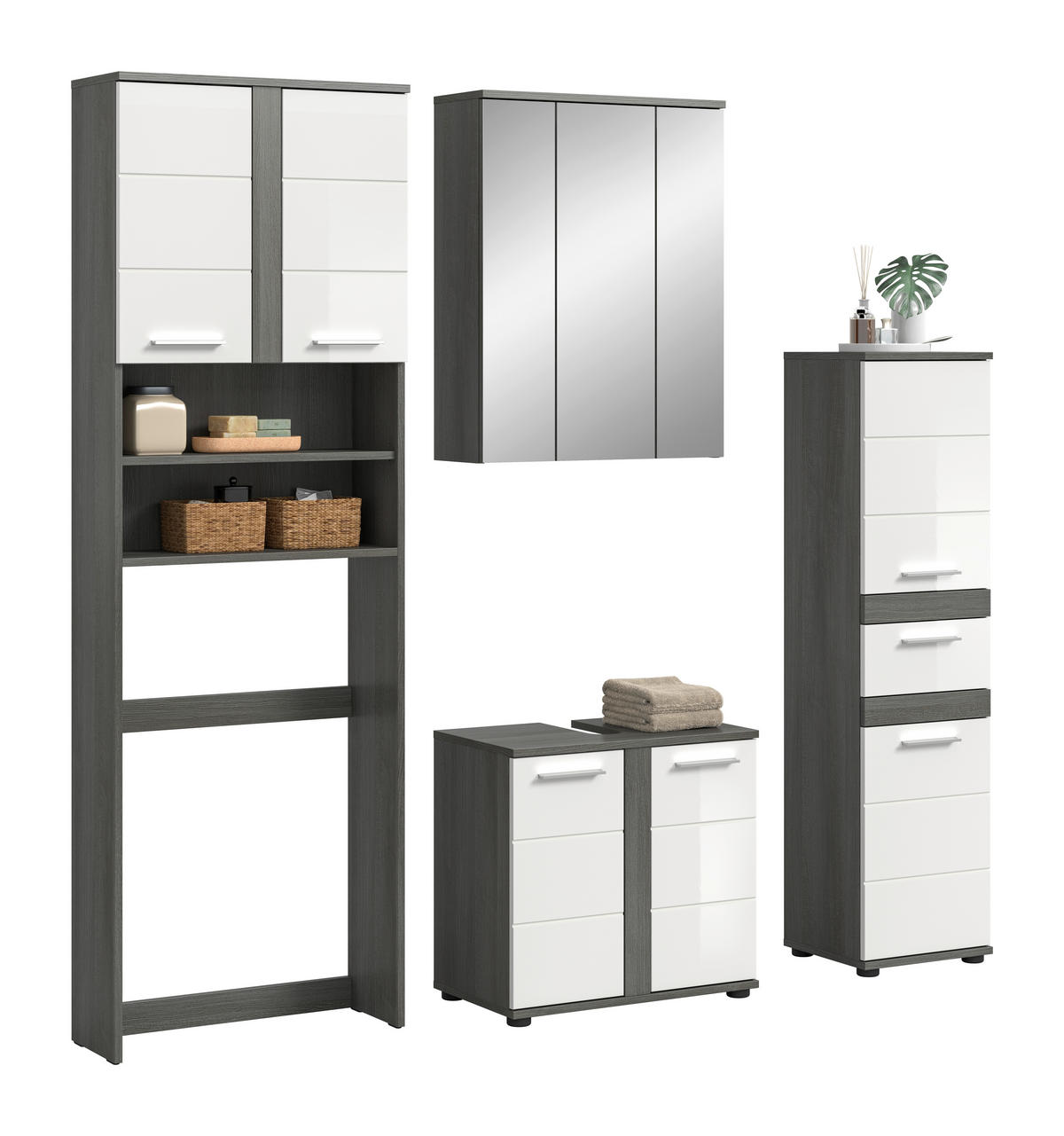 BADEZIMMER 4-teilig  in 188 cm  - Weiß Hochglanz/Silberfarben, Trend, Glas/Holzwerkstoff (188cm) - MID.YOU