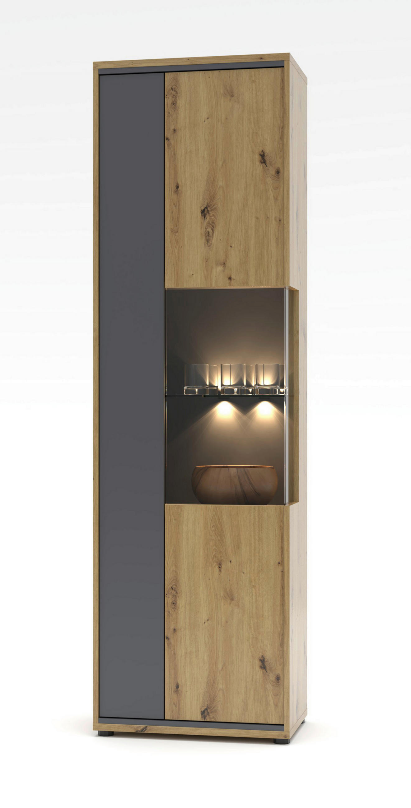 VITRINE in Graphitfarben, Eiche Artisan  - Graphitfarben/Schwarz, Design, Glas/Holzwerkstoff (60/205/40cm) - Livetastic