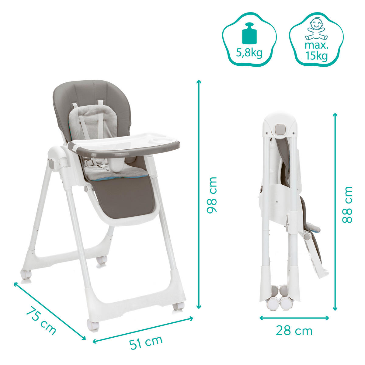 HOCHSTUHL Oskar Weiß, Grau Grau  - Weiß/Grau, Basics, Kunststoff/Metall (75/51/98cm) - Fillikid
