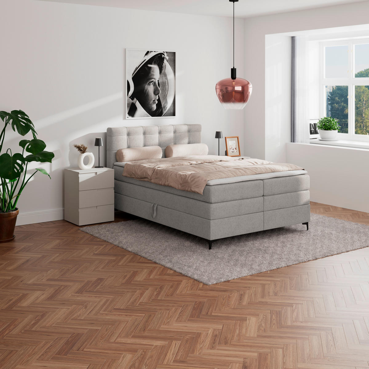 BOXSPRINGBETT 140/200 cm,  in Lavagrau, H3 = fest  - Lavagrau/Schwarz, KONVENTIONELL, Kunststoff/Textil (140/200cm)