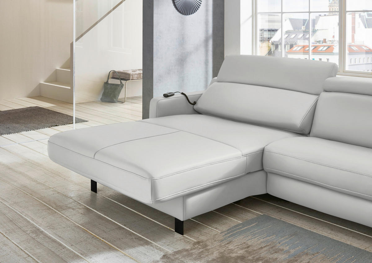 ECKSOFA Echtleder Hellgrau  - Hellgrau/Schwarz, Design, Leder/Metall (176/291cm) - Valdera