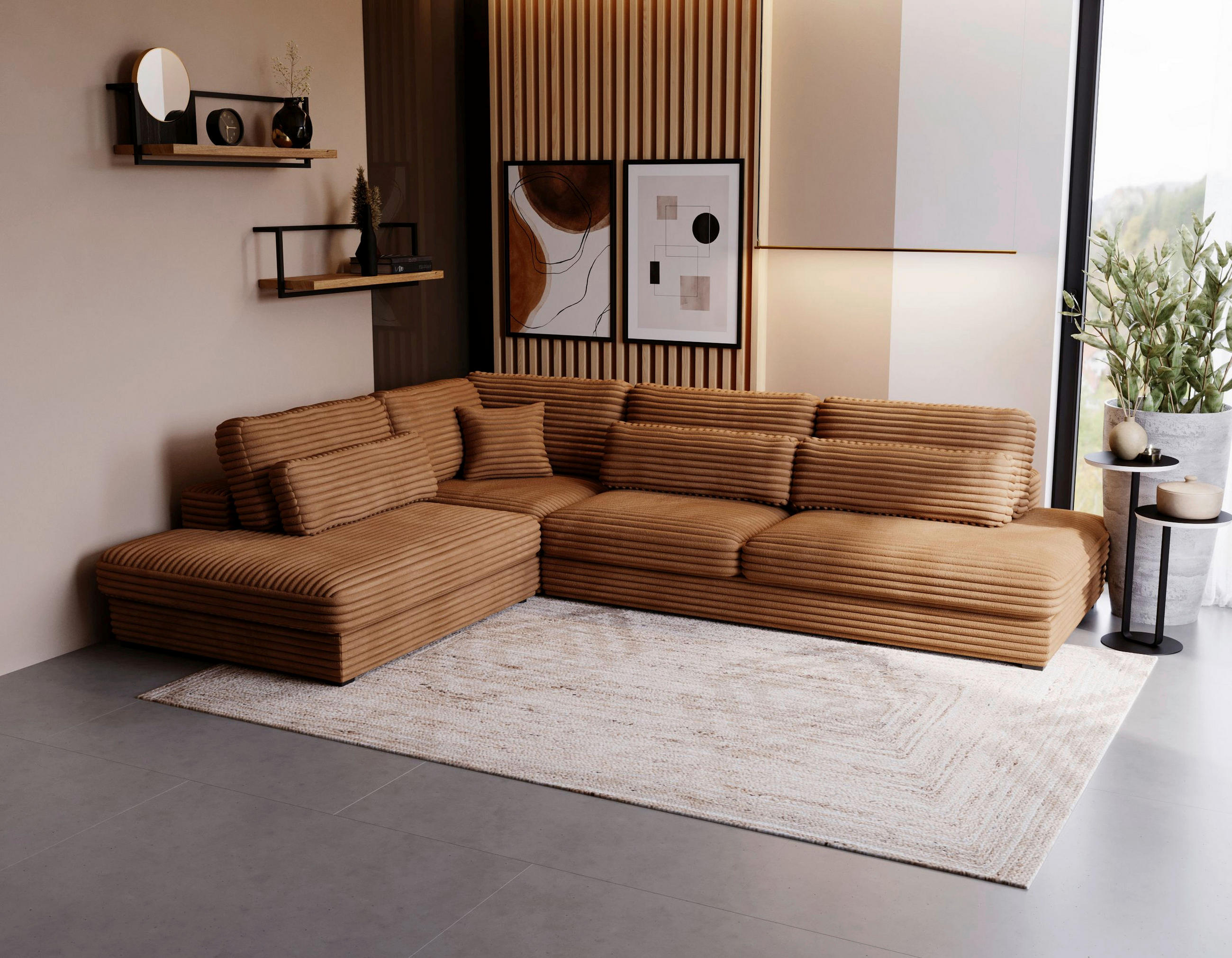 ECKSOFA in Cord, Plüsch Rostfarben  - Rostfarben/Schwarz, Design, Kunststoff/Textil (244/332cm) - Livetastic