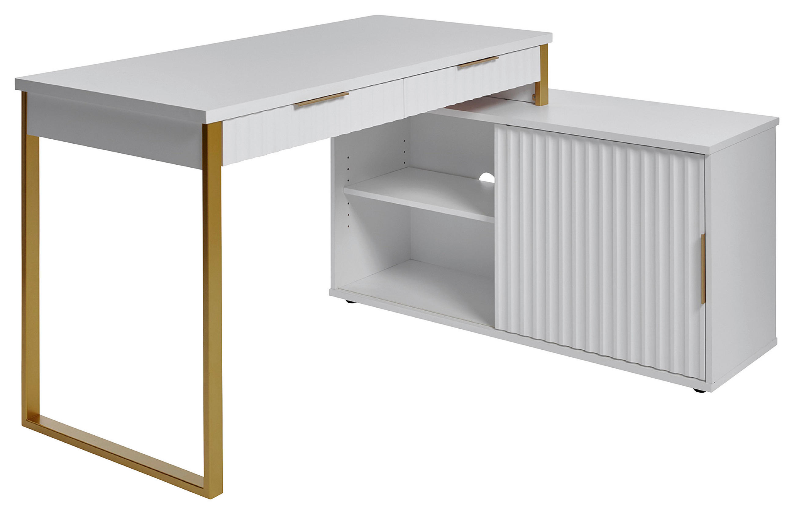 ECKSCHREIBTISCH 144/115/77 cm  in Weiß, Goldfarben  - Goldfarben/Weiß, MODERN, Holzwerkstoff/Metall (144/115/77cm) - MID.YOU
