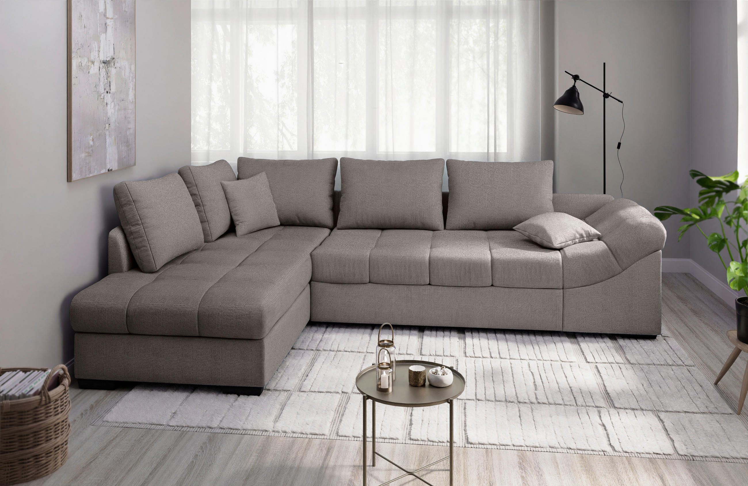 ECKSCHLAFSOFA Graubraun Chenille  - Graubraun/Schwarz, MODERN, Holz/Textil (202/298cm) - MID.YOU