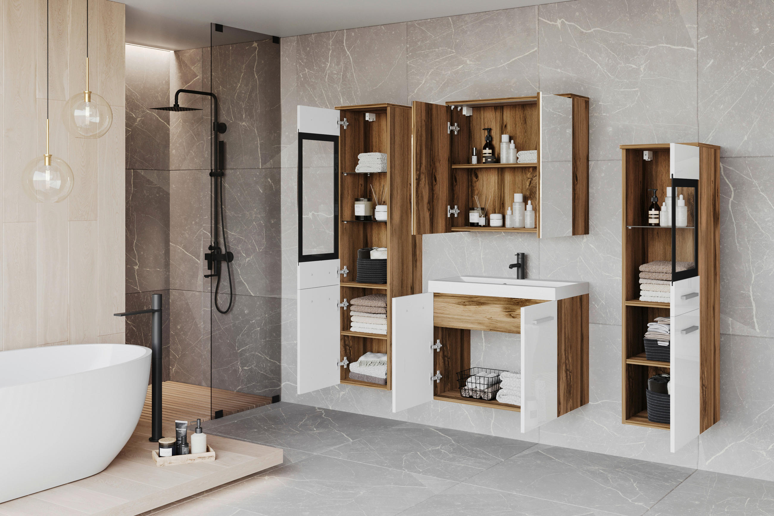 Thumbnail - P & B Badezimmer, Weiß, Eiche Wotan, Kunststoff, 5-teilig, 8 Fächer, 120 cm, Fsc, hängend, Badezimmer, Badmöbelsets & Ba...