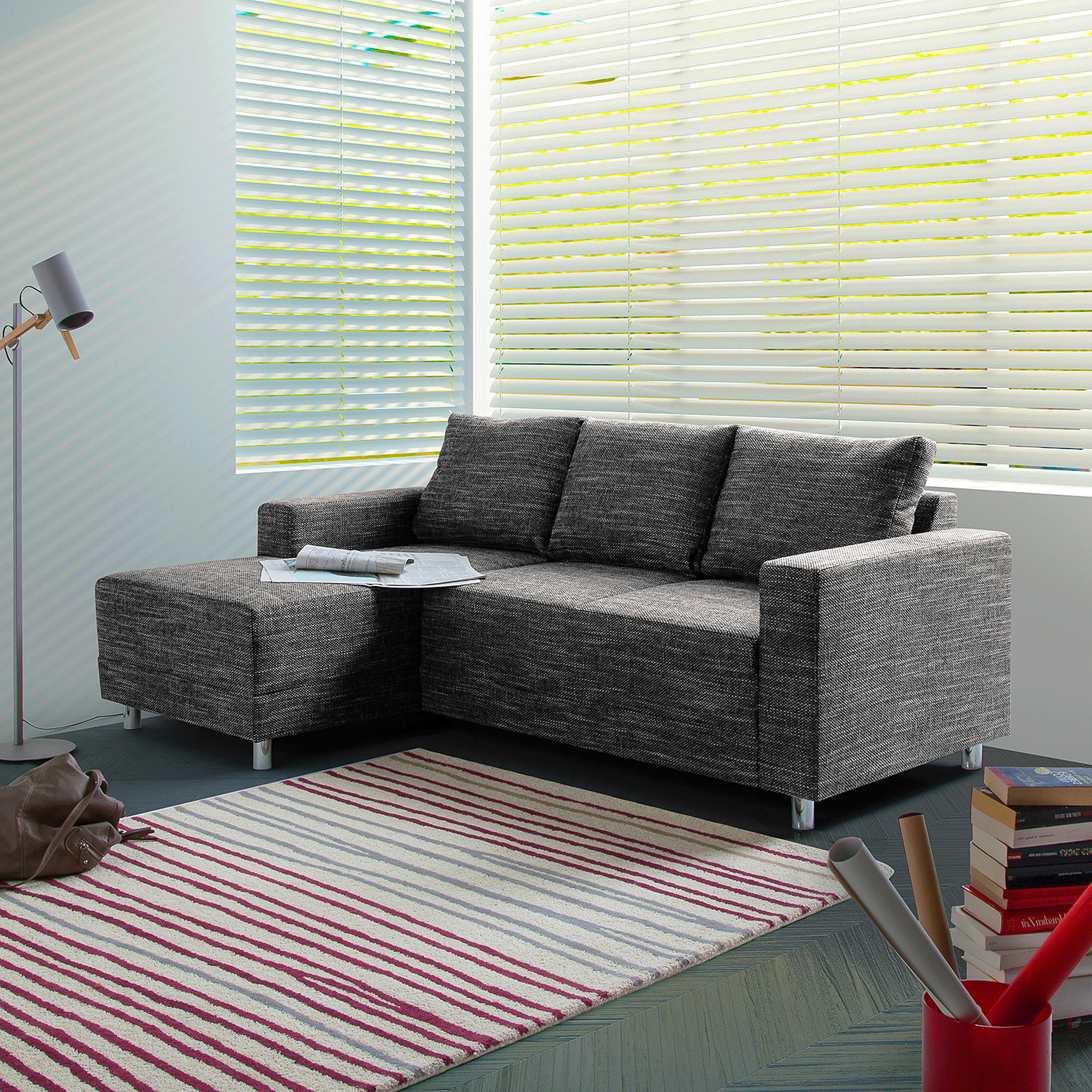ECKSOFA in Struktur Schwarz  - Chromfarben/Schwarz, Design, Textil/Metall (144/200cm) - MID.YOU