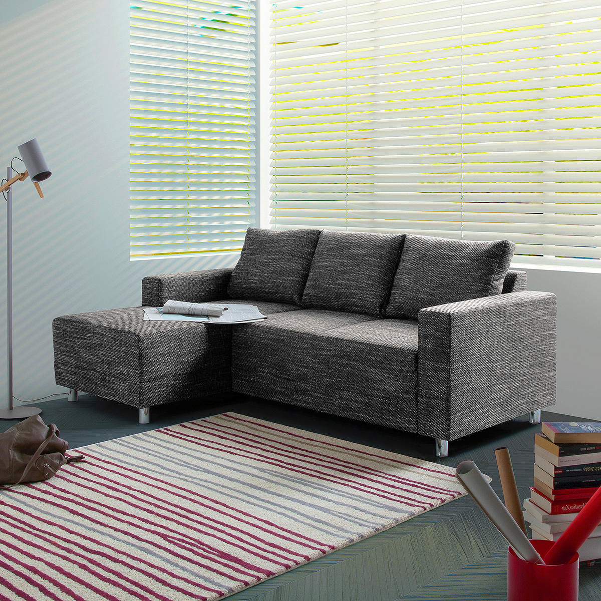 ECKSOFA in Struktur Schwarz  - Chromfarben/Schwarz, Design, Textil/Metall (144/200cm) - MID.YOU