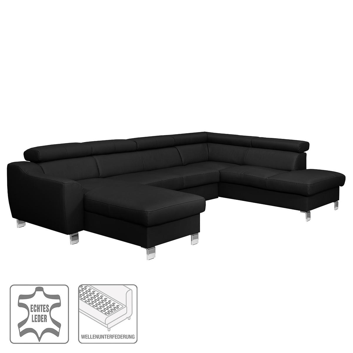 WOHNLANDSCHAFT in Lederlook Echtleder Schwarz  - Chromfarben/Schwarz, Design, Leder/Textil (91/315/208cm) - Livetastic
