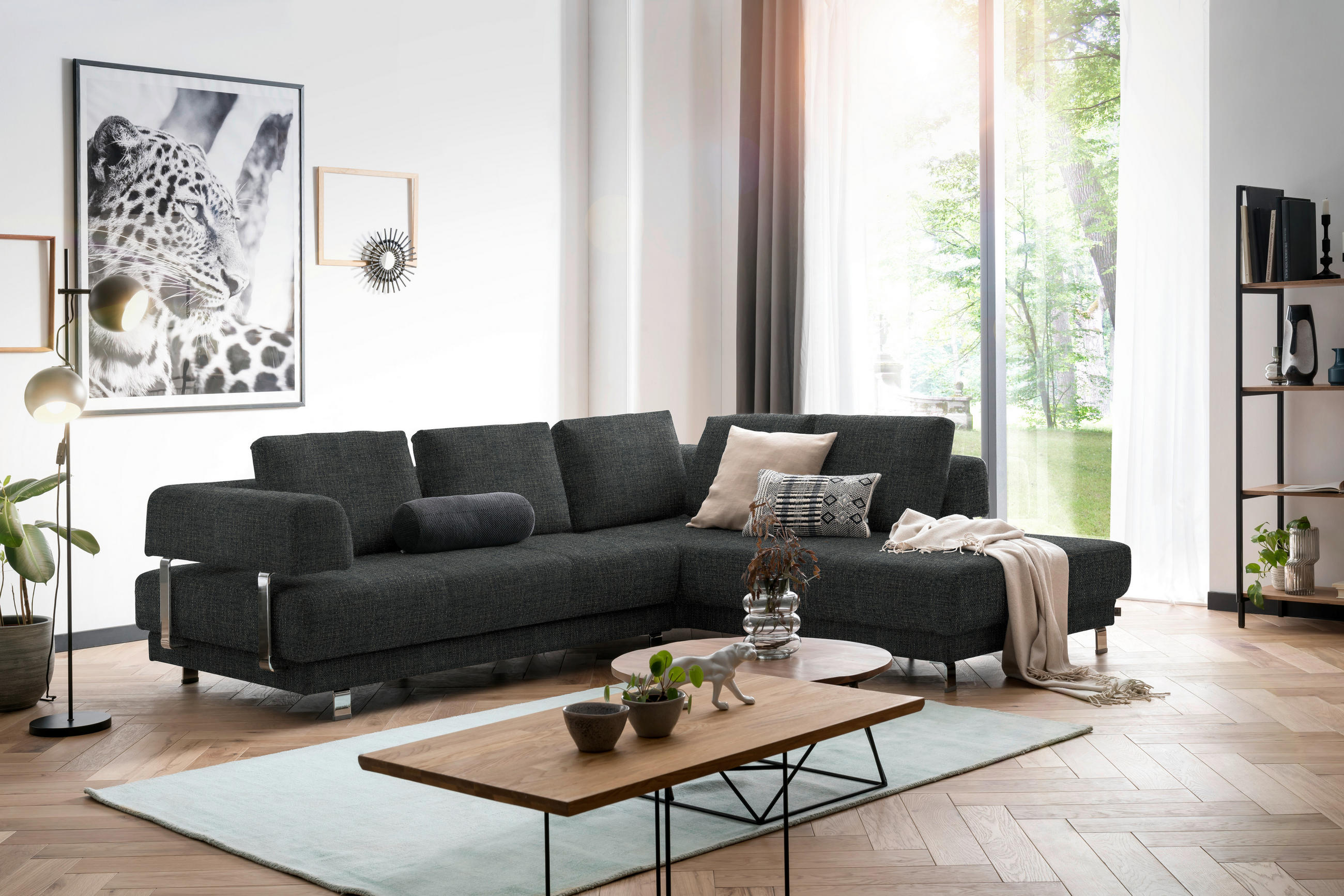 ECKSOFA in Chenille Anthrazit  - Anthrazit, Design, Textil/Metall (277/235cm)