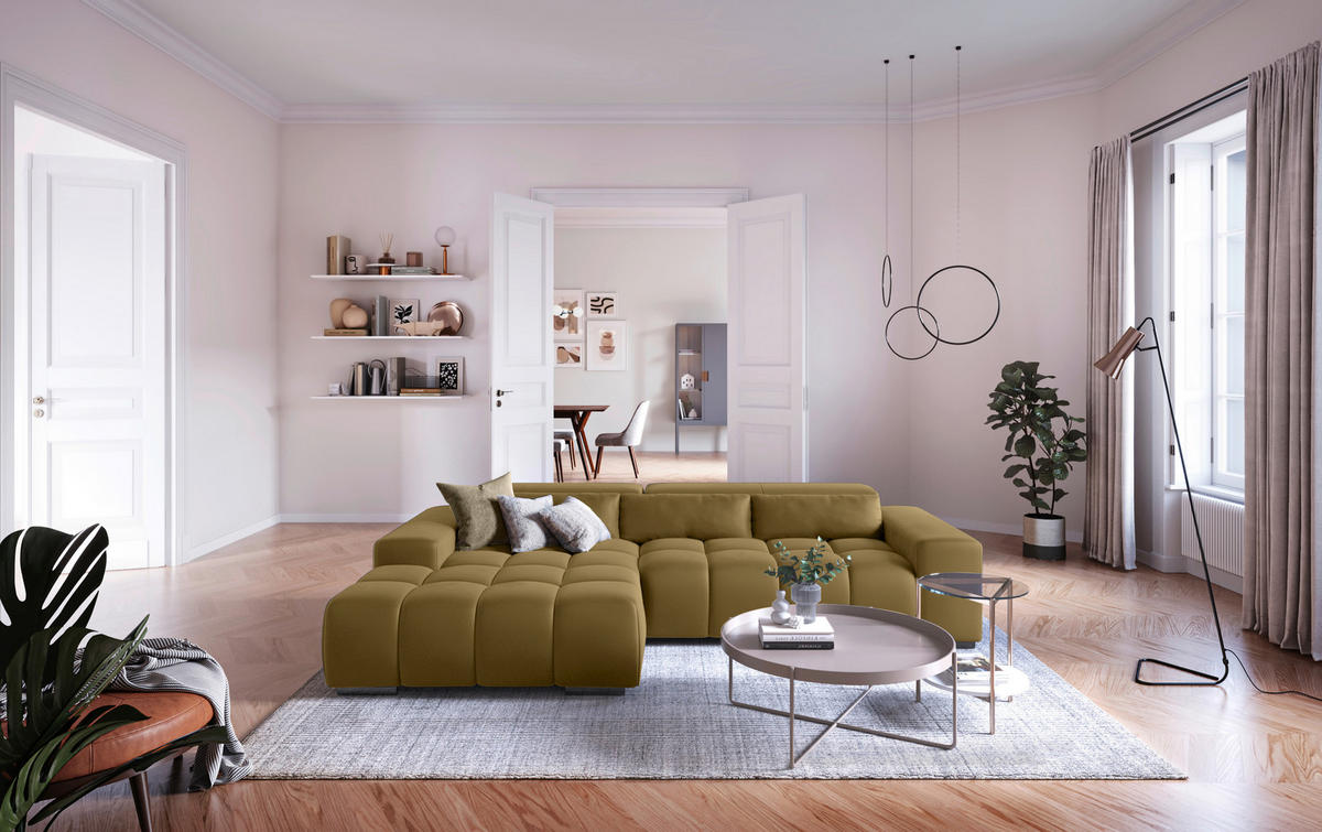 ECKSOFA Olivgrün Velours  - Silberfarben/Olivgrün, KONVENTIONELL, Textil/Metall (186/307cm) - Livetastic