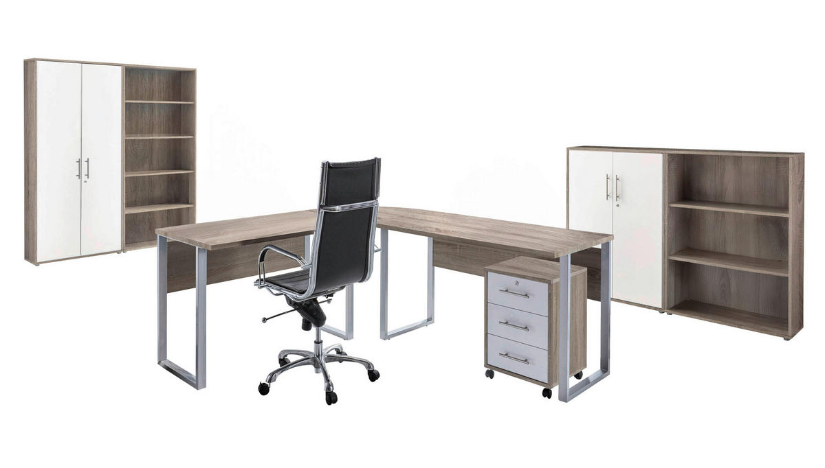 BÜRO erweiterbar, in verschiedenen Holz-Dekoren erhältlich, Schreibtisch seitenverkehrt montierbar, abschließbar Sonoma Eiche, Weiß - Weiß/Sonoma Eiche, MODERN, Holzwerkstoff - MID.YOU