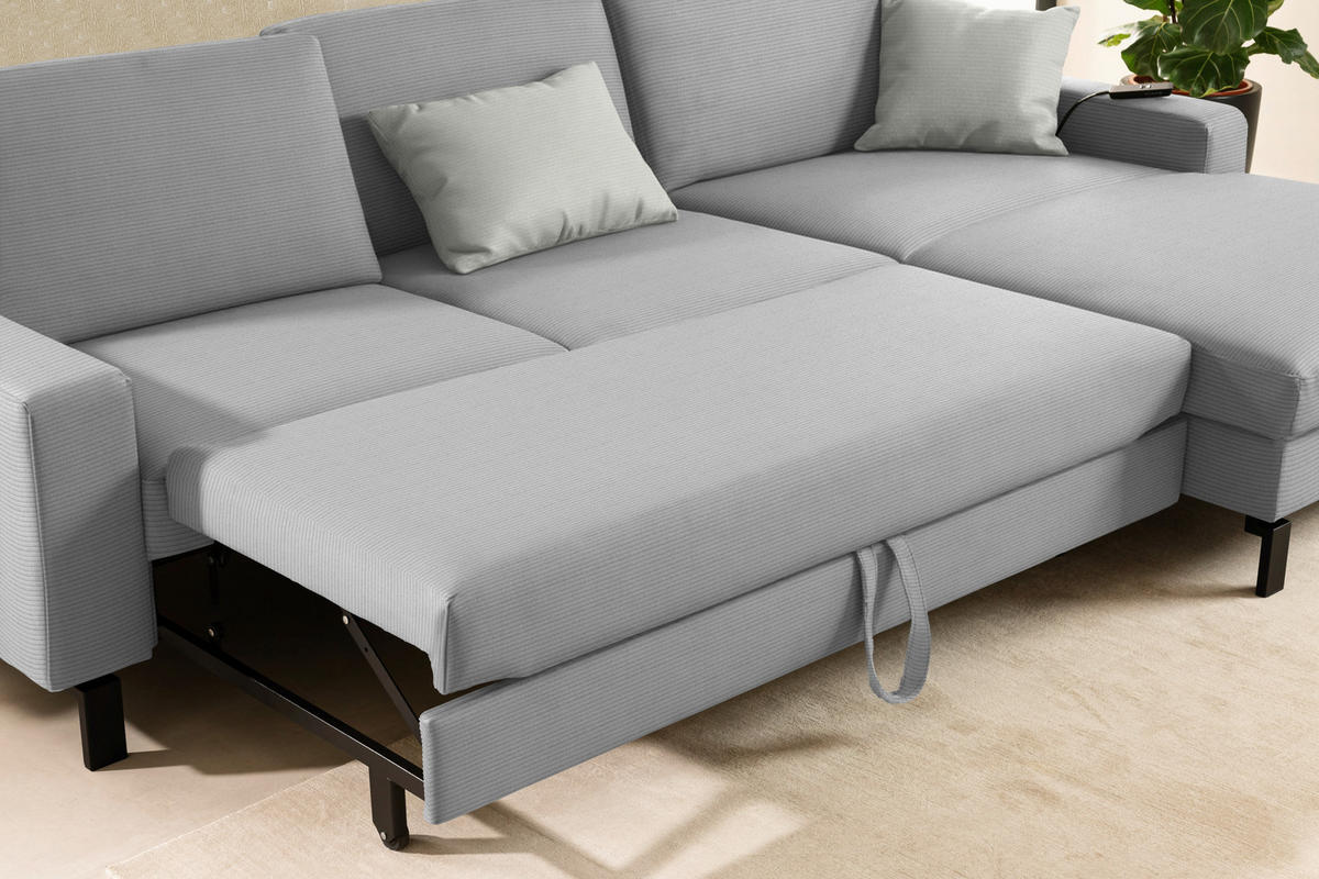 ECKSOFA Cord Hellgrau  - Hellgrau/Schwarz, Design, Textil/Metall (298/185cm) - Pure Home Lifestyle