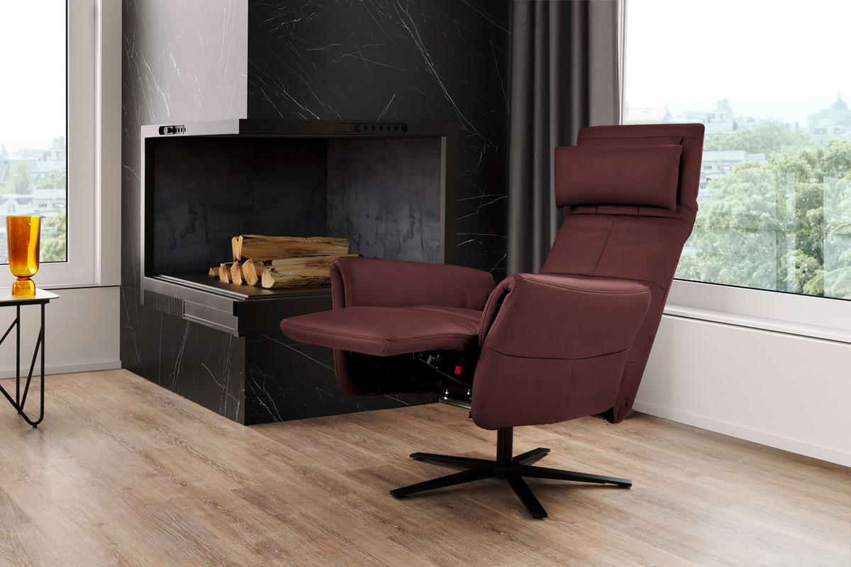 RELAXSESSEL Echtleder Relaxfunktion, Kopfteilverstellung, Nackenkissen    - Bordeaux/Schwarz, Design, Leder/Metall (81/118/82cm) - Schöner Wohnen