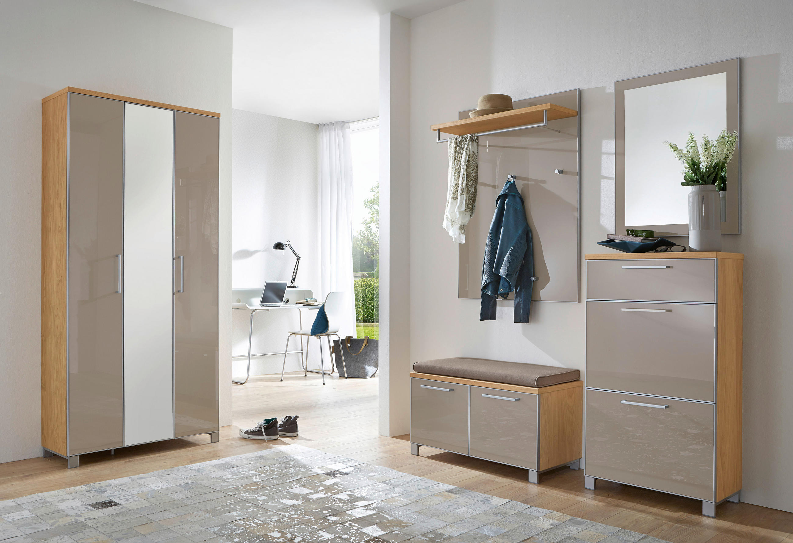 GARDEROBE 6-teilig in 245/195/40 cm - Taupe/Eichefarben, Design, Glas/Holz (245/195/40cm)