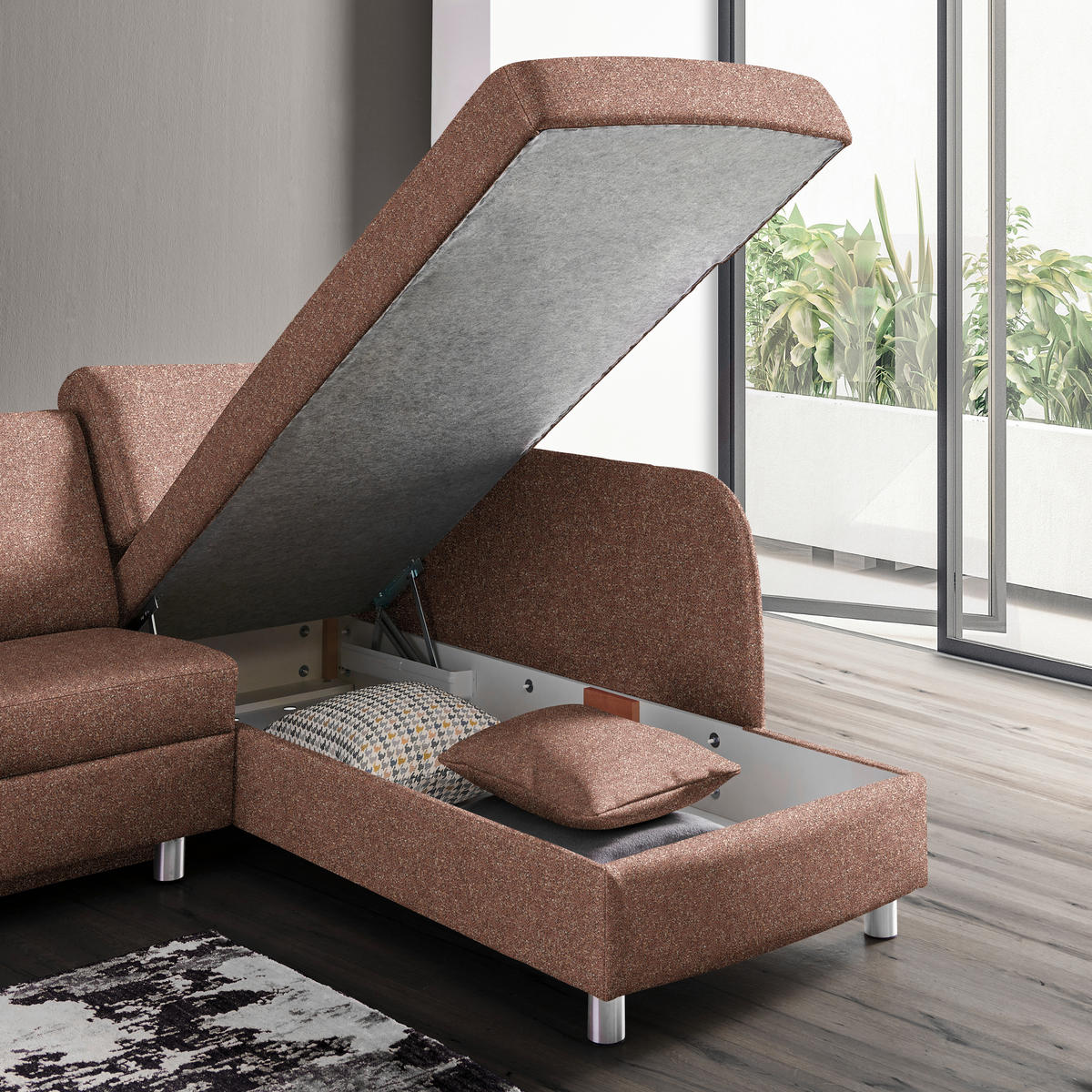 ECKSOFA  in Mikrovelours Terracotta  227/208 cm  - Terracotta/Alufarben, KONVENTIONELL, Textil/Metall (227/208cm) - Sedda