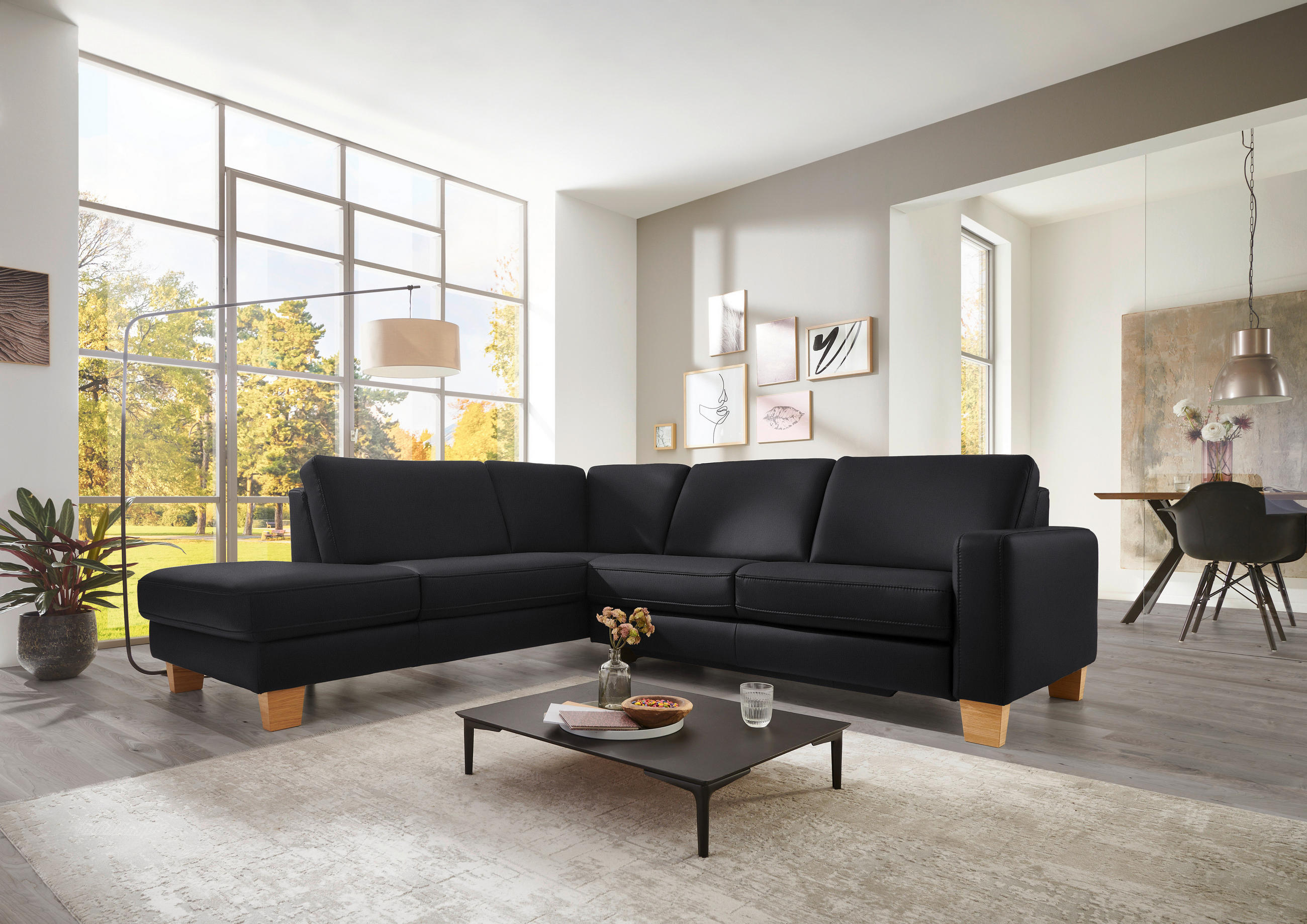 ECKSOFA in Echtleder Schwarz  - Eiche Bianco/Schwarz, Konventionell, Leder/Holz (235/257cm) - Valdera