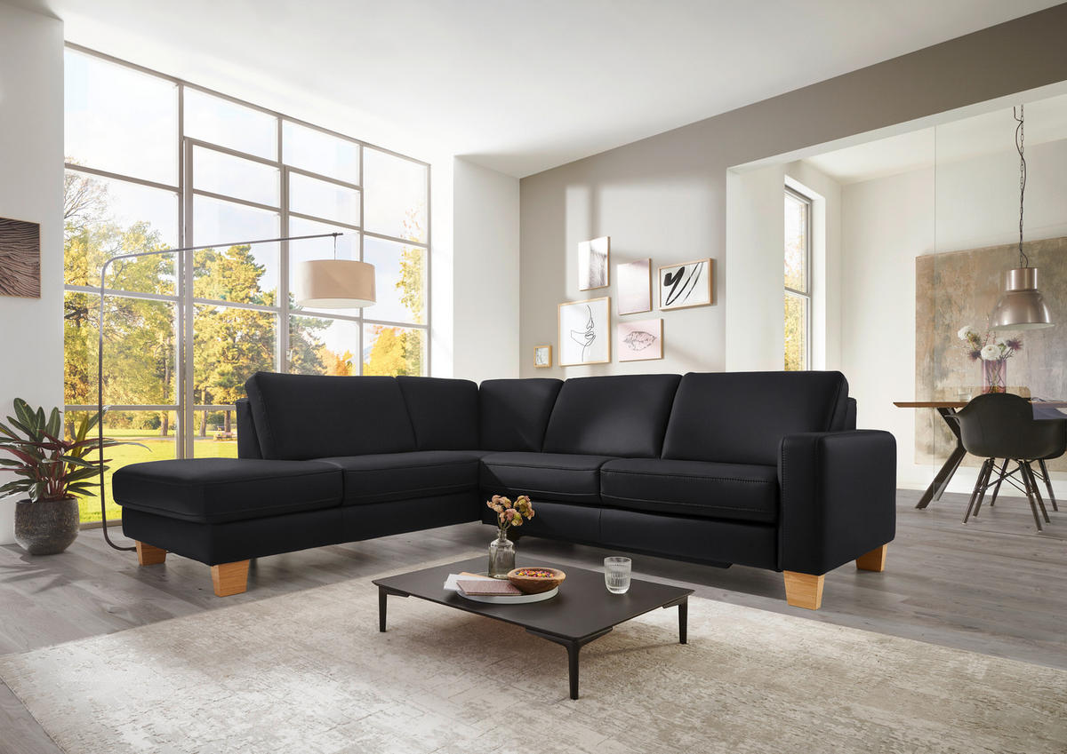 ECKSOFA in Echtleder Schwarz  - Eiche Bianco/Schwarz, Konventionell, Leder/Holz (235/257cm) - Valdera