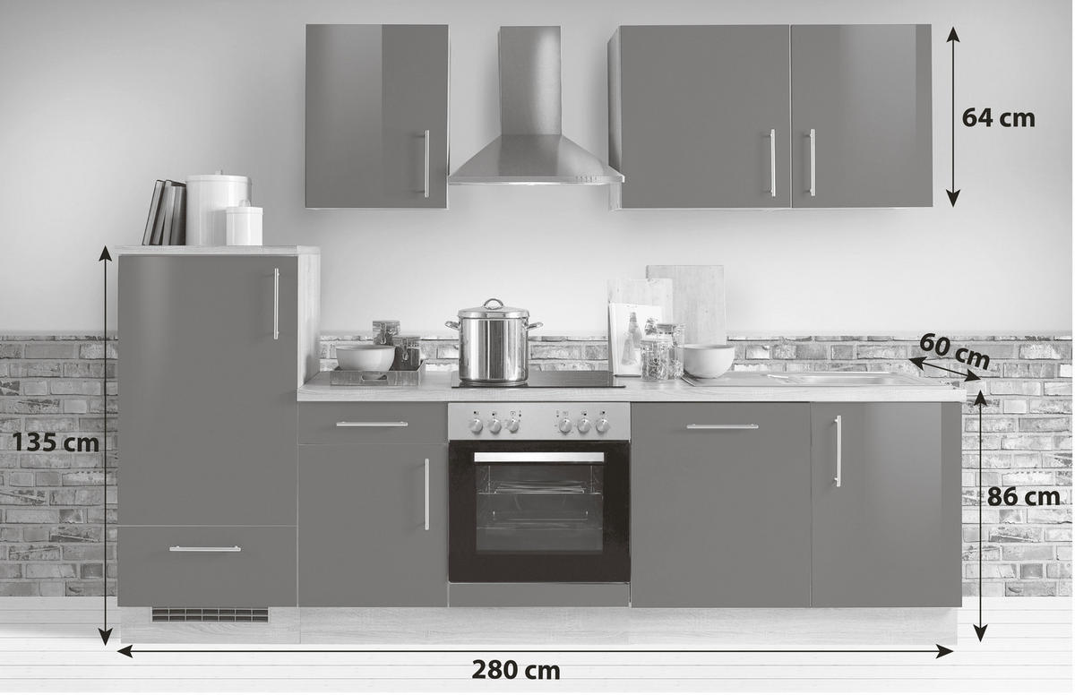 KÜCHENBLOCK 280 cm   in Sonoma Eiche, Weiß Hochglanz  - Weiß Hochglanz/Silberfarben, KONVENTIONELL, Holzwerkstoff/Metall (280cm) - Menke