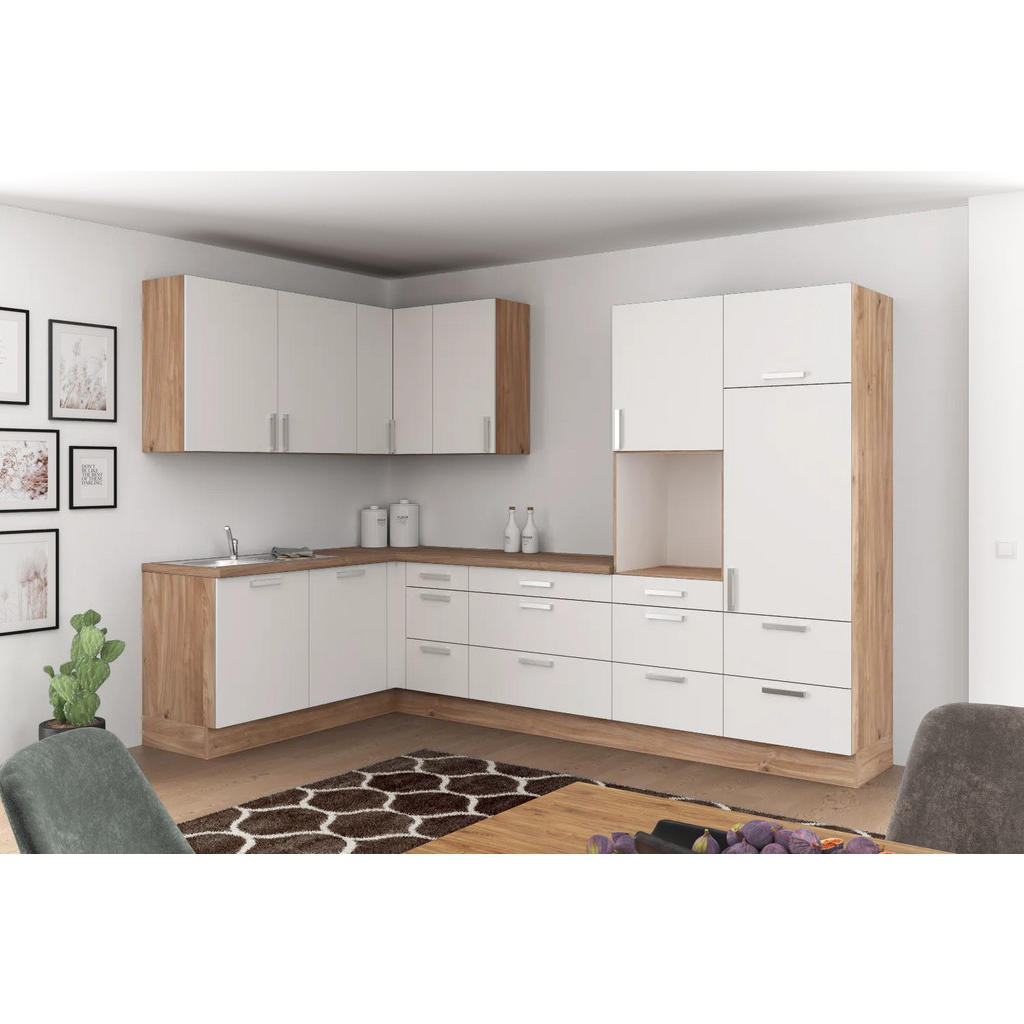 Eckküche Ip1200 ohne Geräte 185x320cm Hellgrau/Eiche Dekor