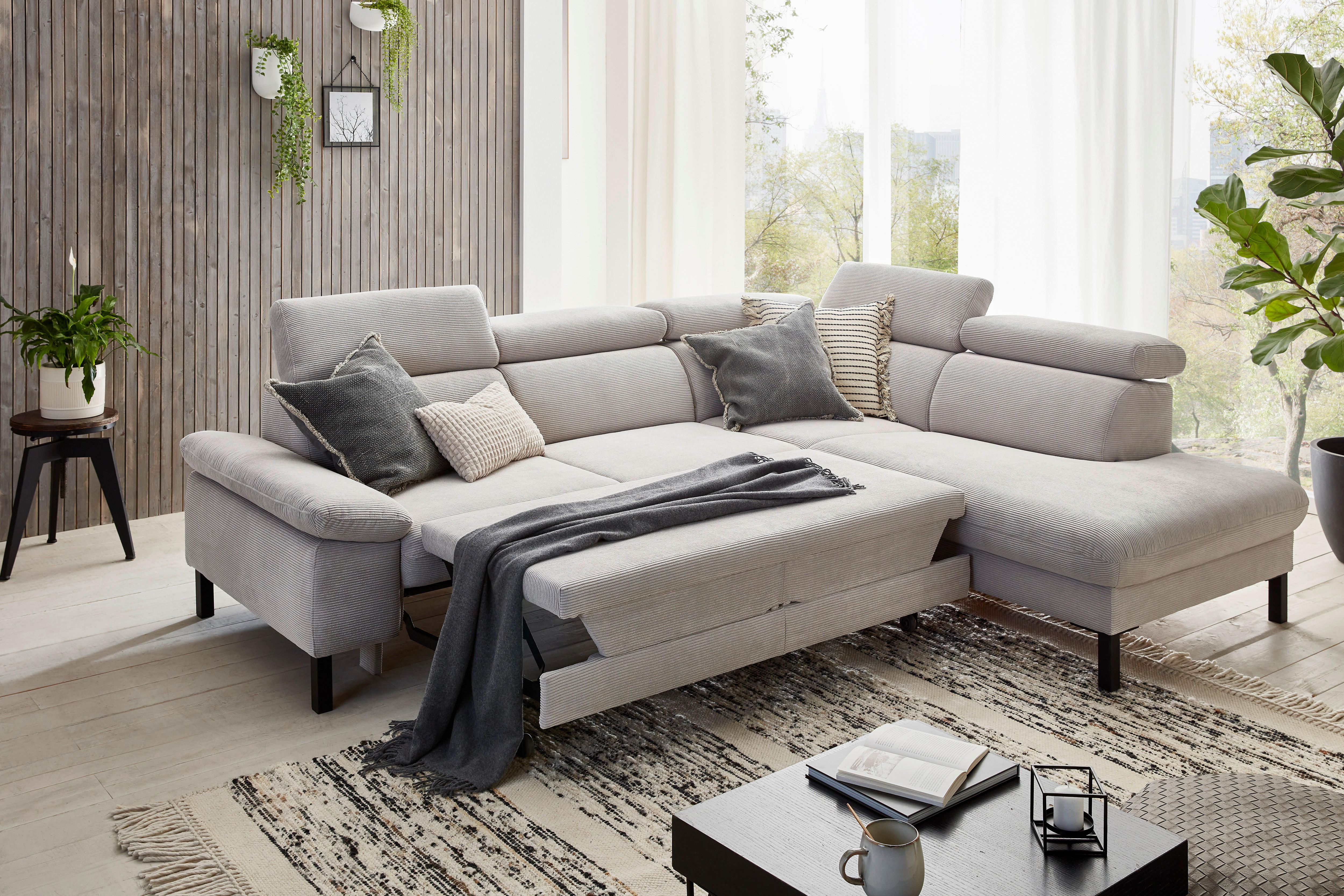 ECKSOFA inkl. Funktionen Grau Cord  - Schwarz/Grau, Design, Textil/Metall (272/217cm) - Pure Home Comfort
