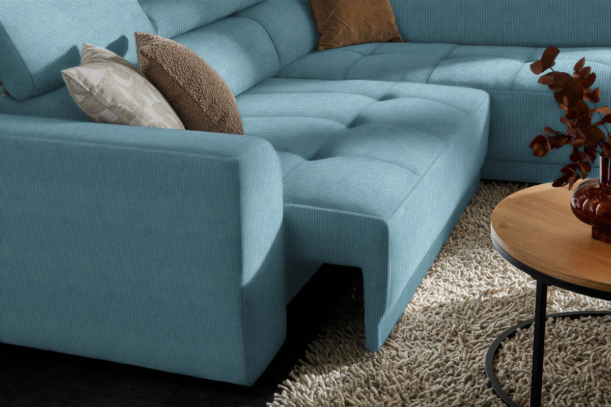 ECKSOFA in Feincord Türkis  - Türkis/Schwarz, Design, Kunststoff/Textil (284/205cm) - MID.YOU