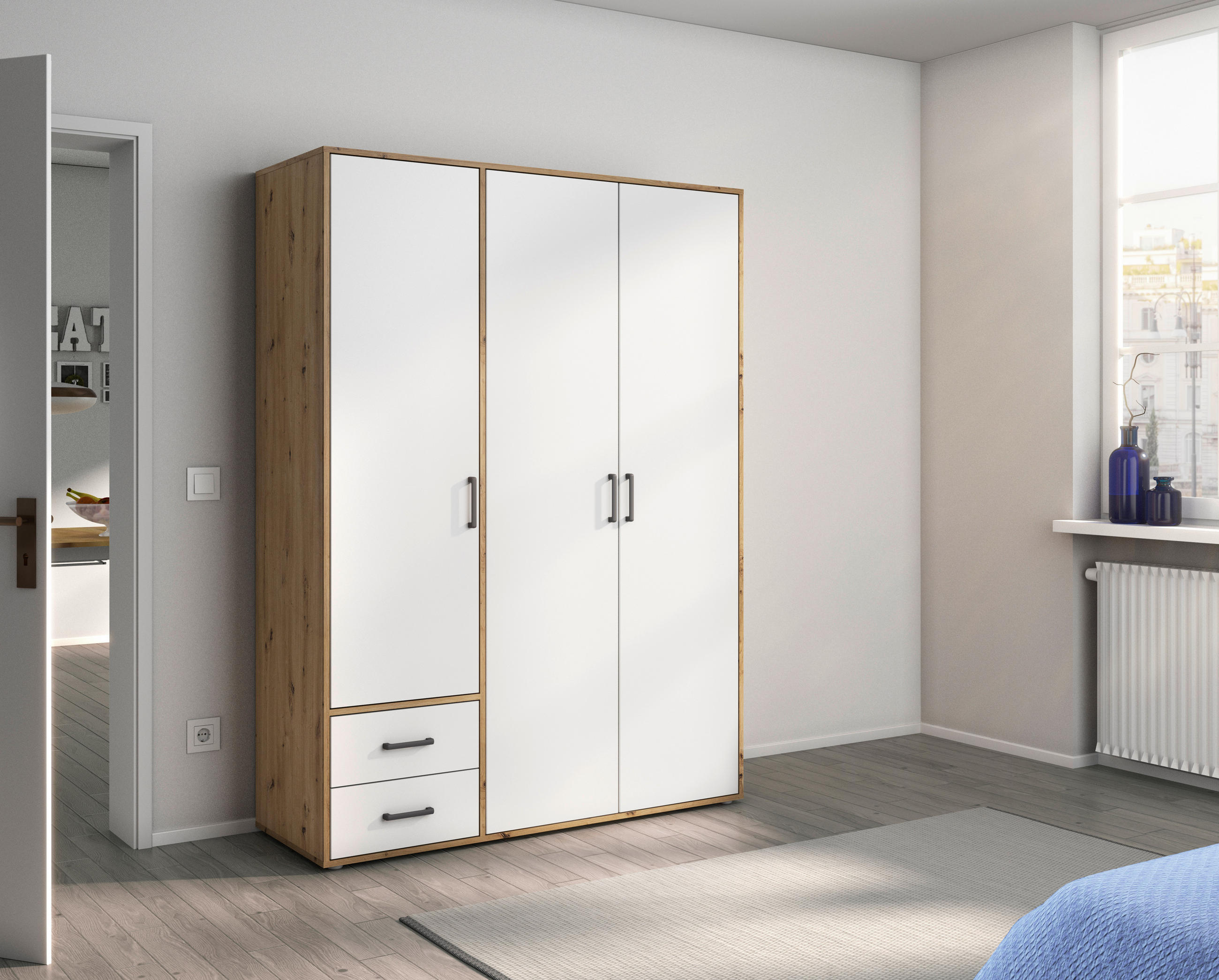 DREHTÜRENSCHRANK  in Weiß, Eiche Artisan  - Eiche Artisan/Weiß, MODERN, Holzwerkstoff/Kunststoff (140/194/53cm) - Rauch Möbel