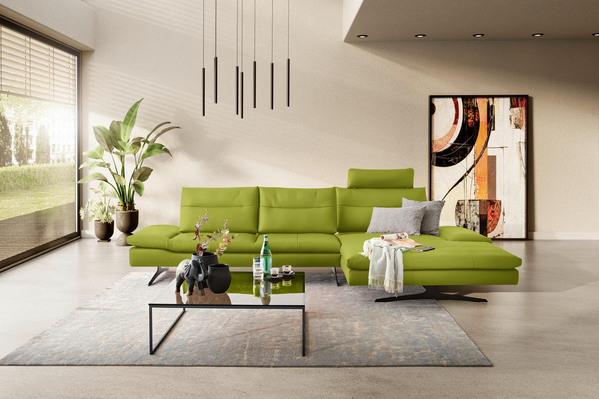 ECKSOFA in Echtleder Limette  - Limette/Schwarz, Modern, Leder/Metall (342/158cm) - Chilliano