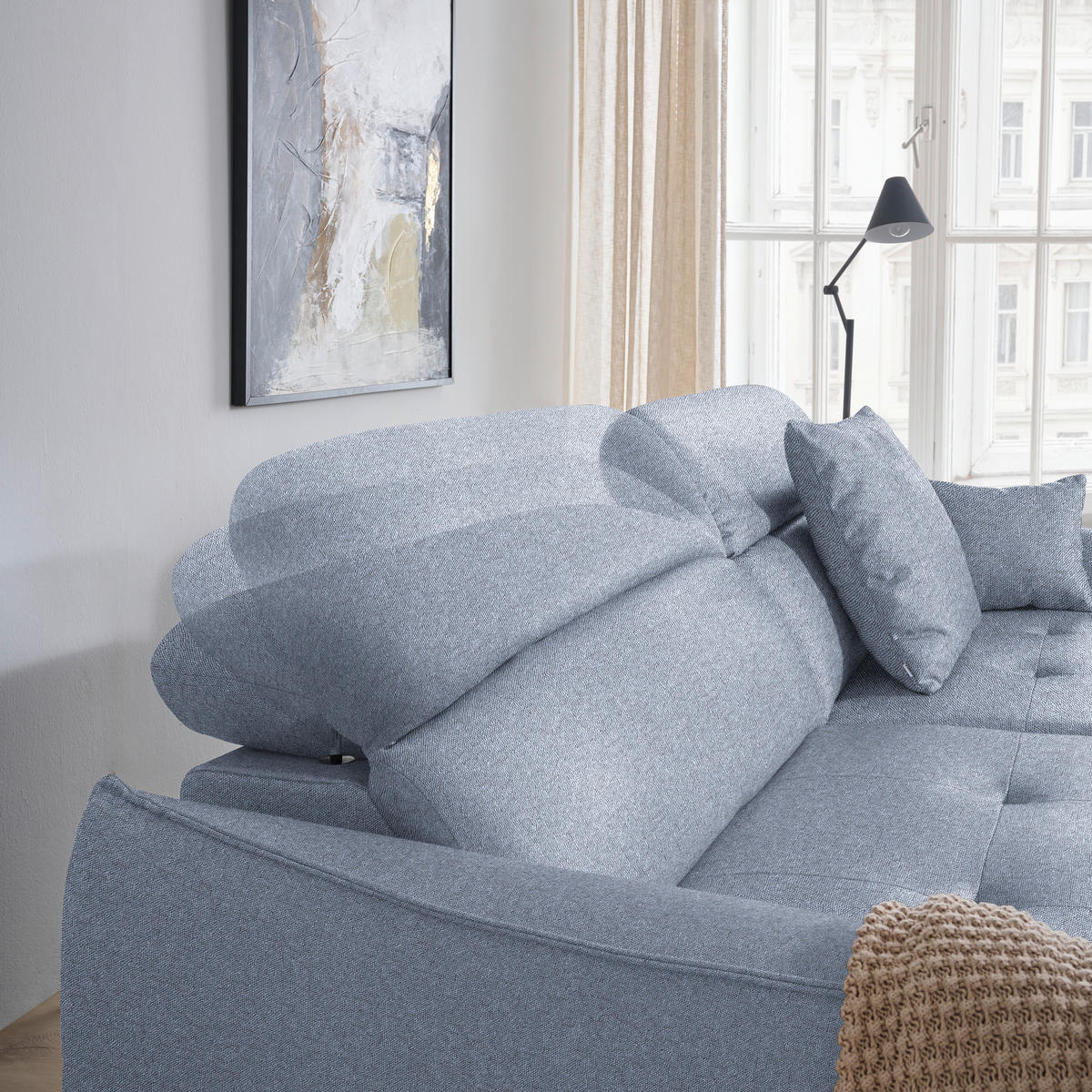 ECKSOFA MANTA in Flachgewebe Hellblau Bettkasten, Rücken echt, Relaxfunktion, Kopfteilverstellung  175/246 cm  - Schwarz/Hellblau, Design, Textil/Metall (175/246cm) - Celina
