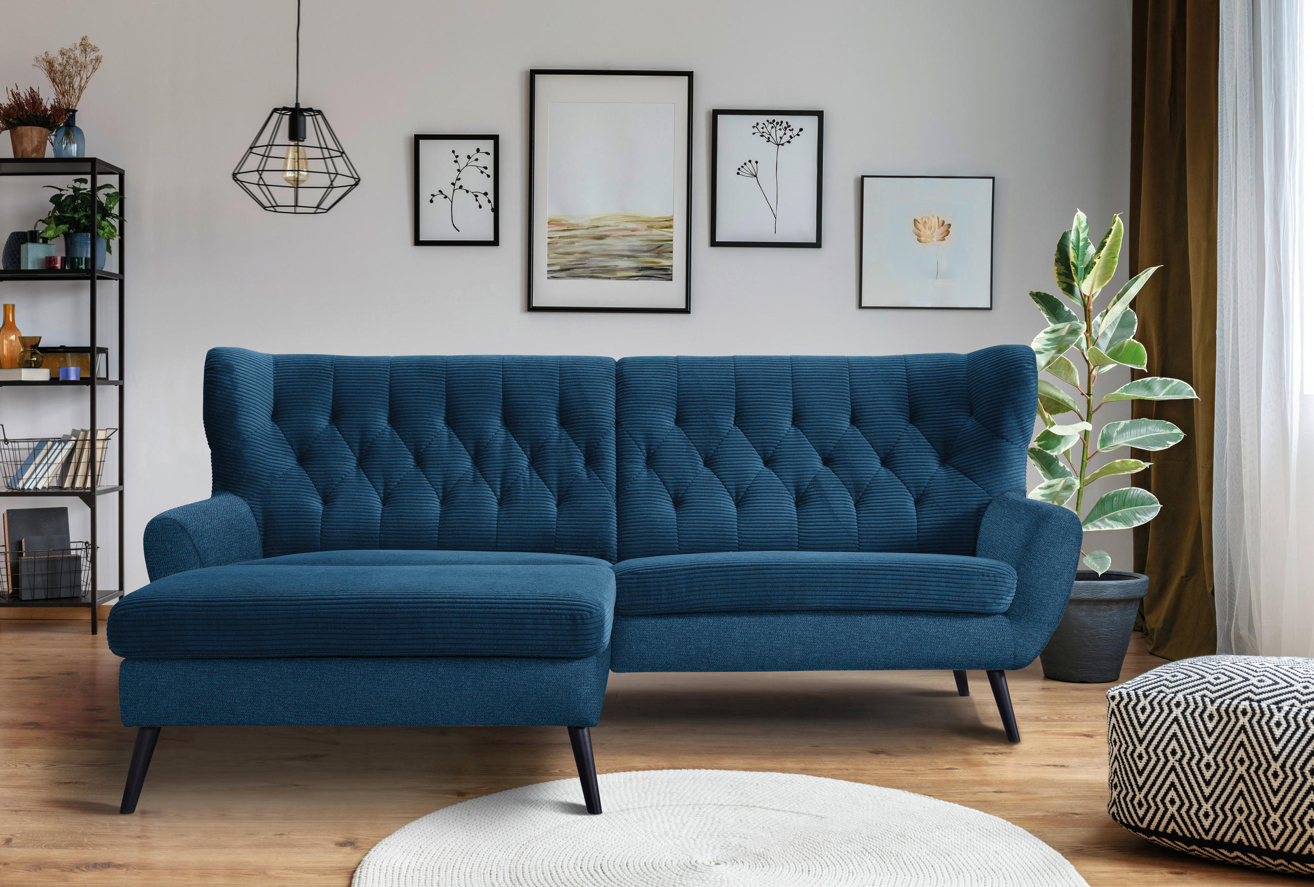 ECKSOFA in Cord Blau  - Blau/Schwarz, Design, Holz/Textil (165/237cm) - Stylife