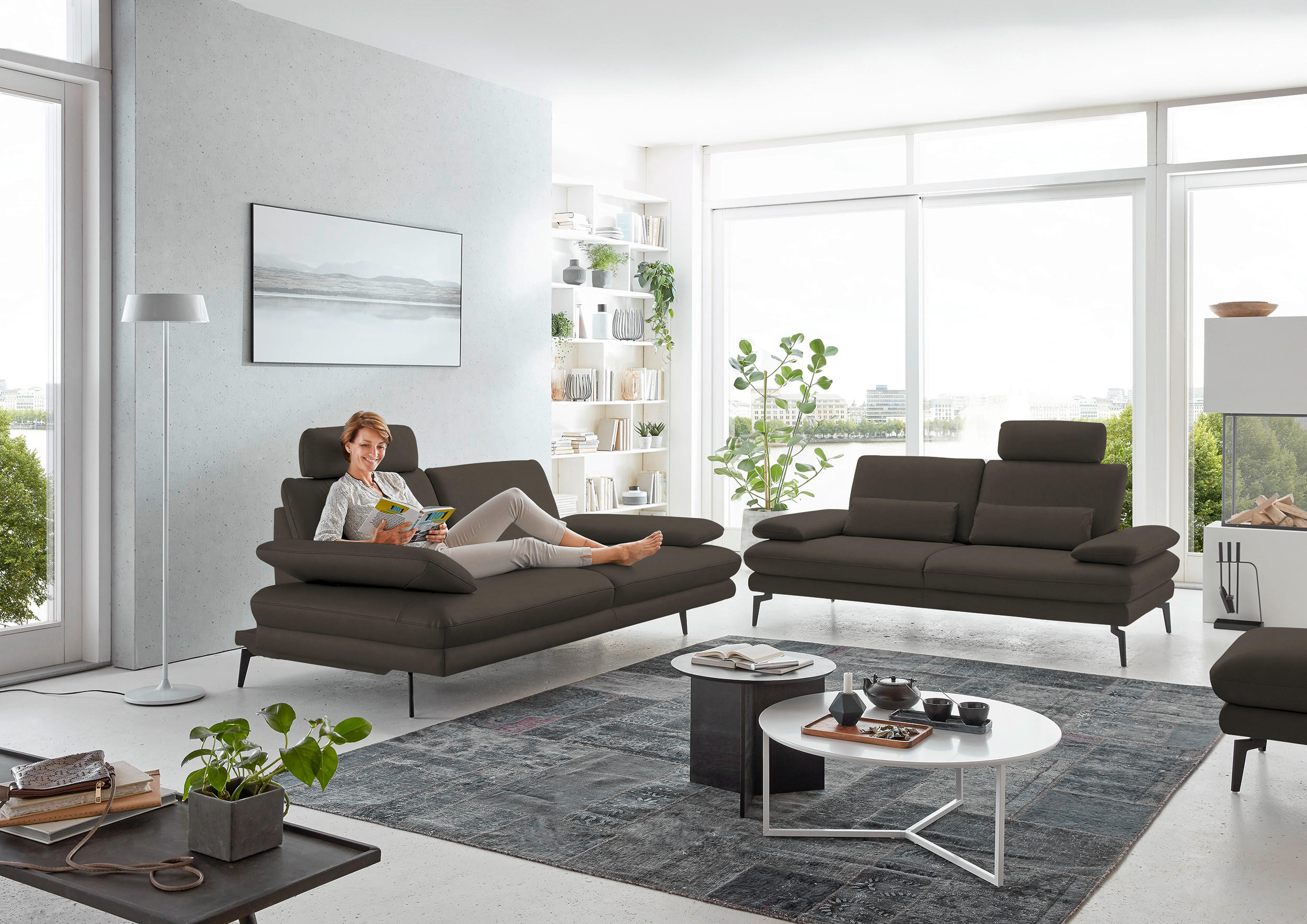 2,5-SITZER in Echtleder Graubraun  - Graubraun/Schwarz, Design, Leder/Metall (196/86/104cm) - Dieter Knoll