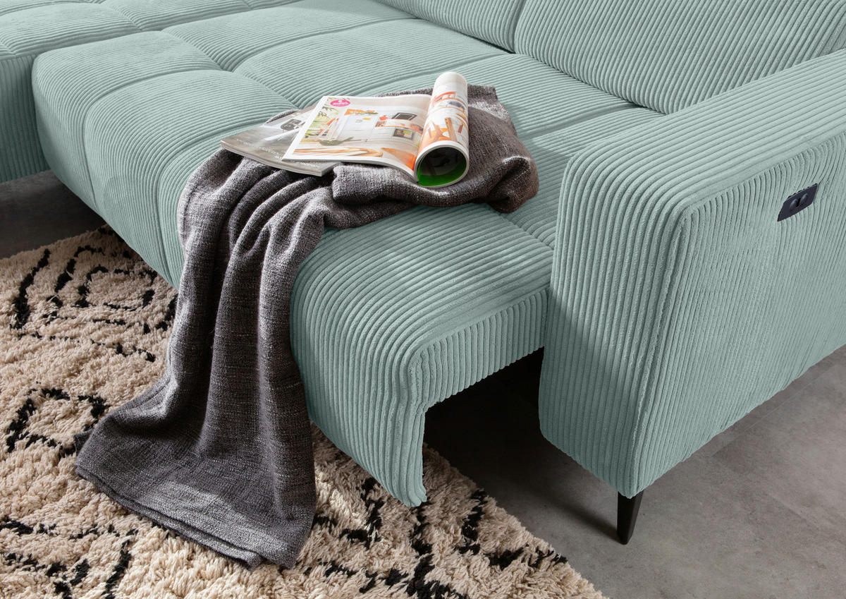 ECKSOFA Mintgrün Cord Rücken echt, Kopfteilverstellung, Sitzvorzug  - Schwarz/Mintgrün, KONVENTIONELL, Textil/Metall (170/257cm) - Carryhome