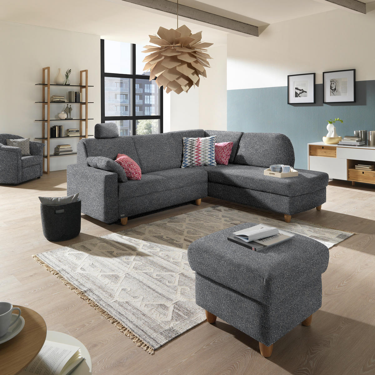 ECKSOFA  in Mikrovelours Grau  227/208 cm  - Eichefarben/Rot, KONVENTIONELL, Holz/Textil (227/208cm) - Sedda