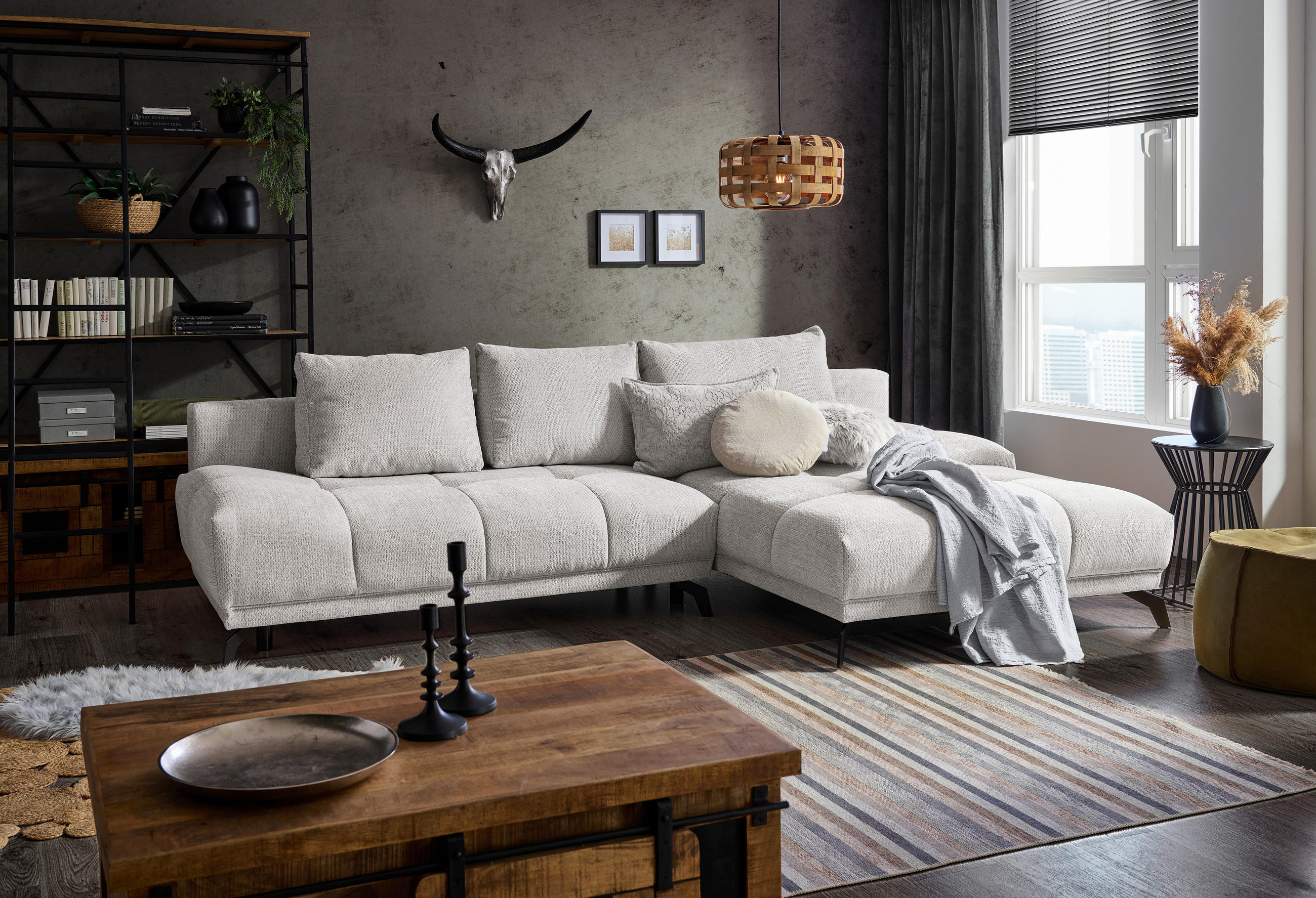 ECKSOFA in Chenille Hellgrau  - Hellgrau/Schwarz, Modern, Textil/Metall (290/182cm) - Hom`in