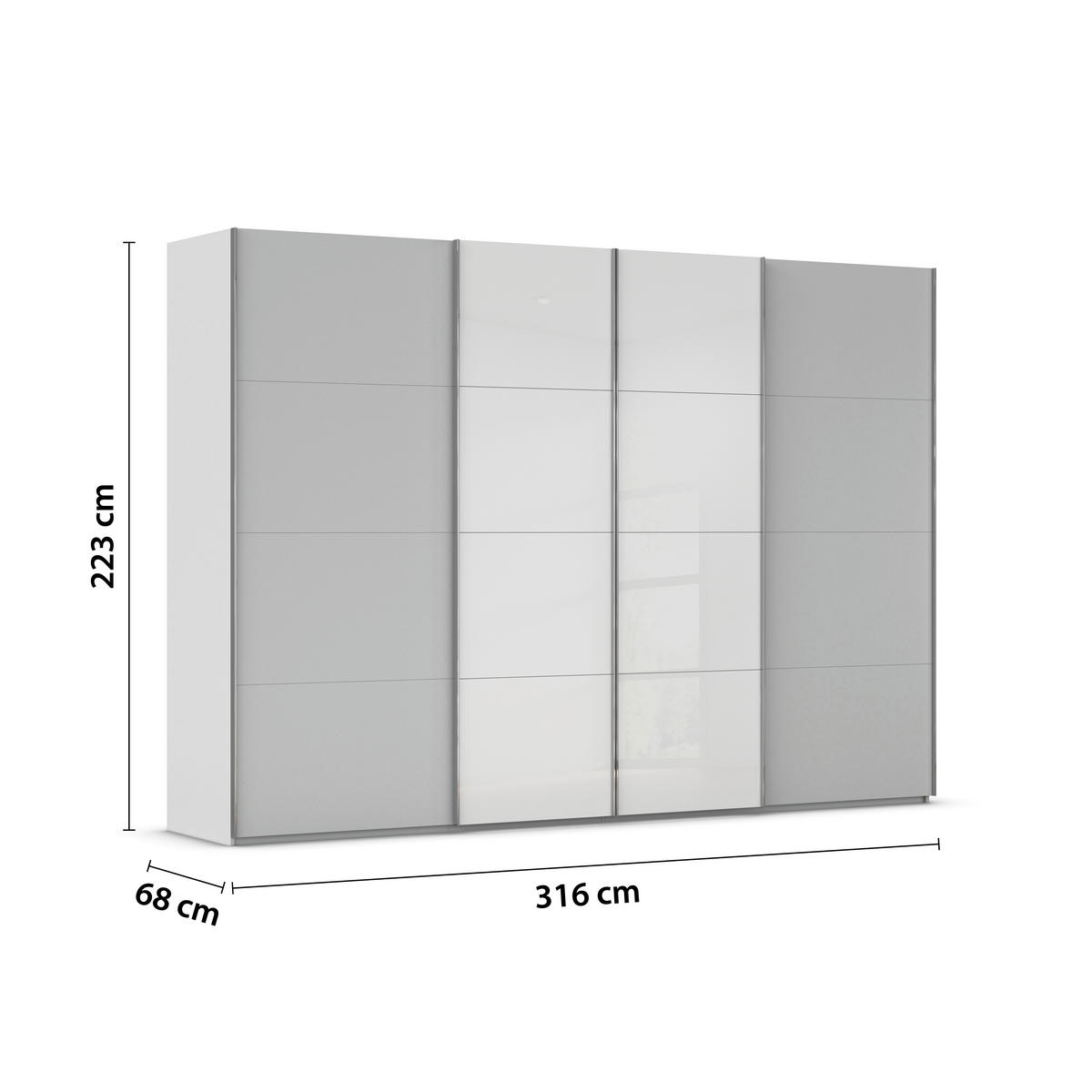 SCHWEBETÜRENSCHRANK 316/223/68 cm 4-türig Grau, Weiß  - Chromfarben/Weiß, KONVENTIONELL, Glas/Holzwerkstoff (316/223/68cm) - Novel