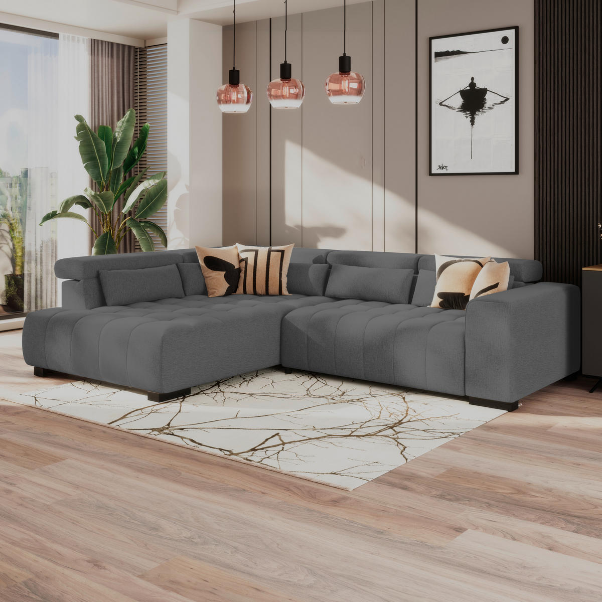 ECKSOFA Chenille, Struktur Anthrazit  - Anthrazit/Schwarz, Trend, Holz/Textil (226/311cm) - MID.YOU