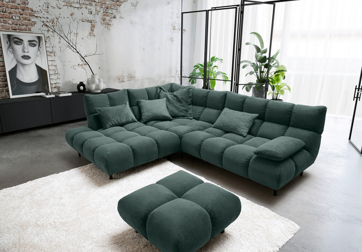 ECKSOFA Ottomane links, Eckteil  Grün Feincord  - Schwarz/Grün, Design, Holz/Textil (215/288cm) - Pure Home Lifestyle