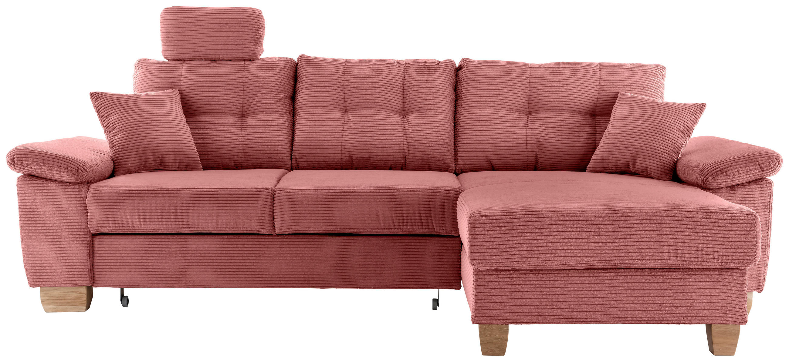 ECKSOFA Koralle Cord Bettkasten, Schlaffunktion, Sitztiefenverstellung, Kopfstütze, Liegefläche im Originalstoff  - Koralle/Naturfarben, MODERN, Holz/Textil (270/176cm) - Livetastic