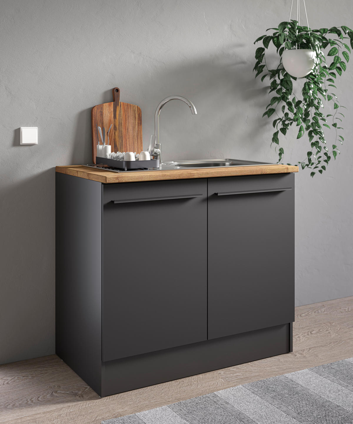 SPÜLENUNTERSCHRANK 100/90/60 cm  in Schwarz  - Eichefarben/Schwarz, Design, Holzwerkstoff/Kunststoff (100/90/60cm) - MID.YOU