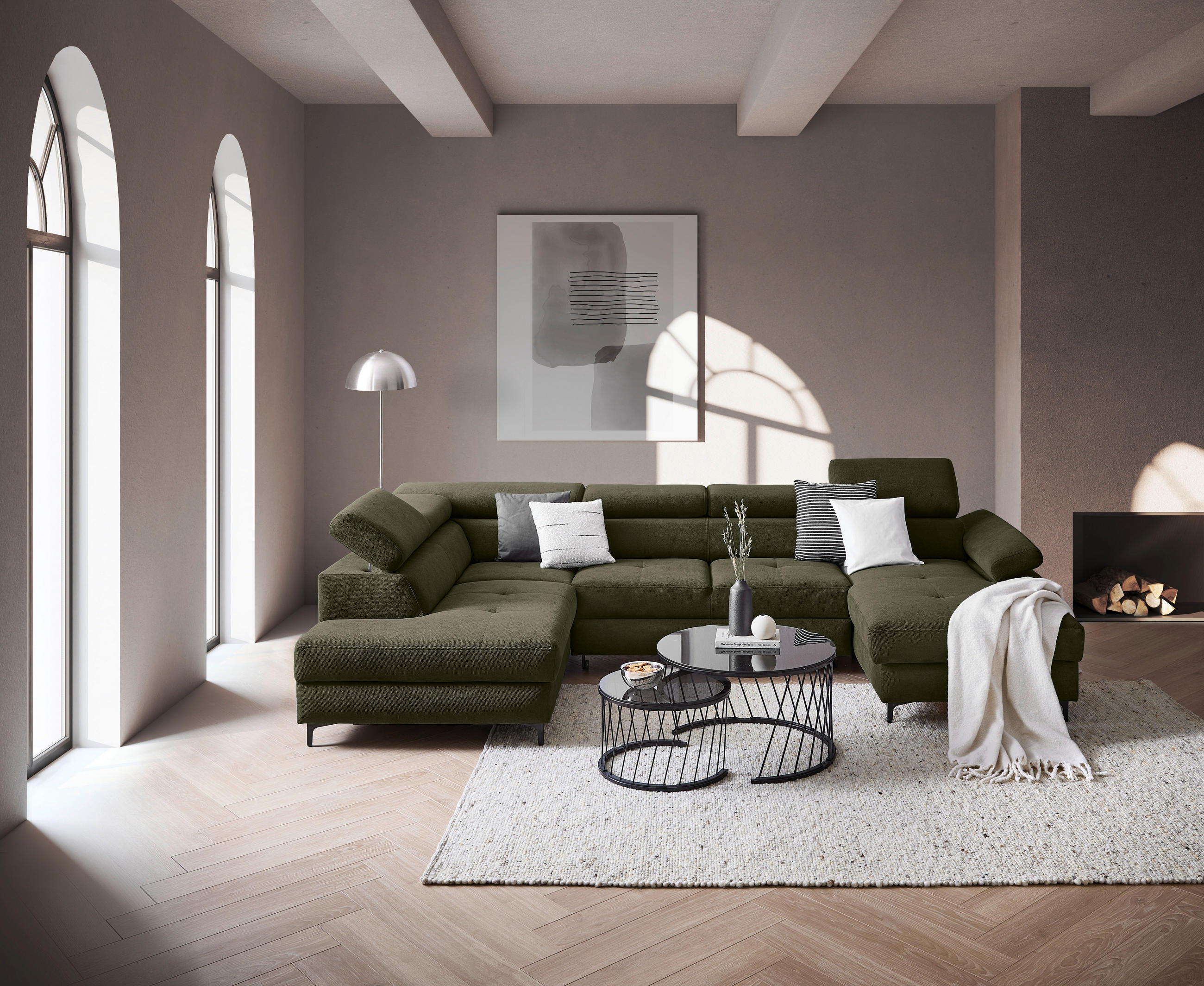 WOHNLANDSCHAFT inkl. Funktion Dunkelgrün Flachgewebe  - Dunkelgrün/Schwarz, MODERN, Textil/Metall (206/333/180cm) - Stylife