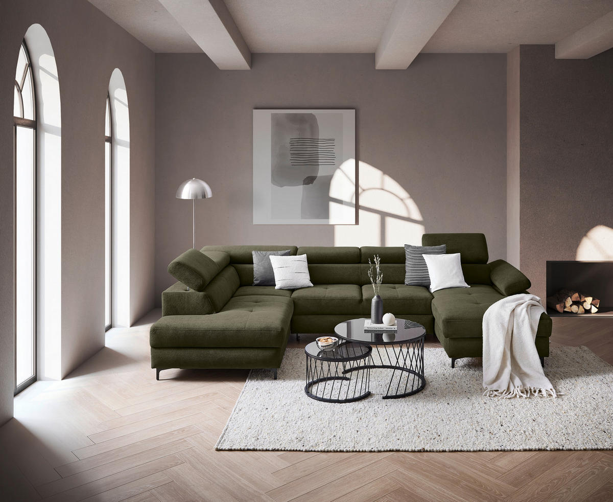 WOHNLANDSCHAFT inkl. Funktion Dunkelgrün Flachgewebe  - Dunkelgrün/Schwarz, MODERN, Textil/Metall (206/333/180cm) - Stylife