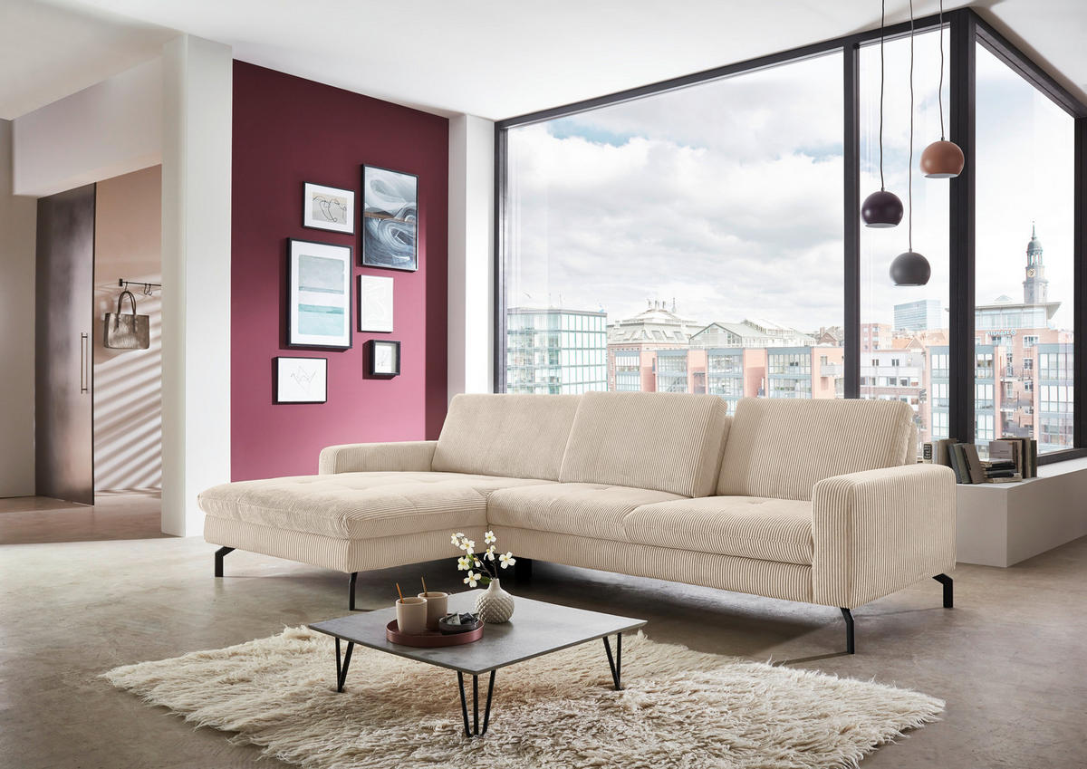 ECKSOFA in Cord Beige  - Beige/Schwarz, Design, Textil/Metall (178/302cm) - Beldomo Style