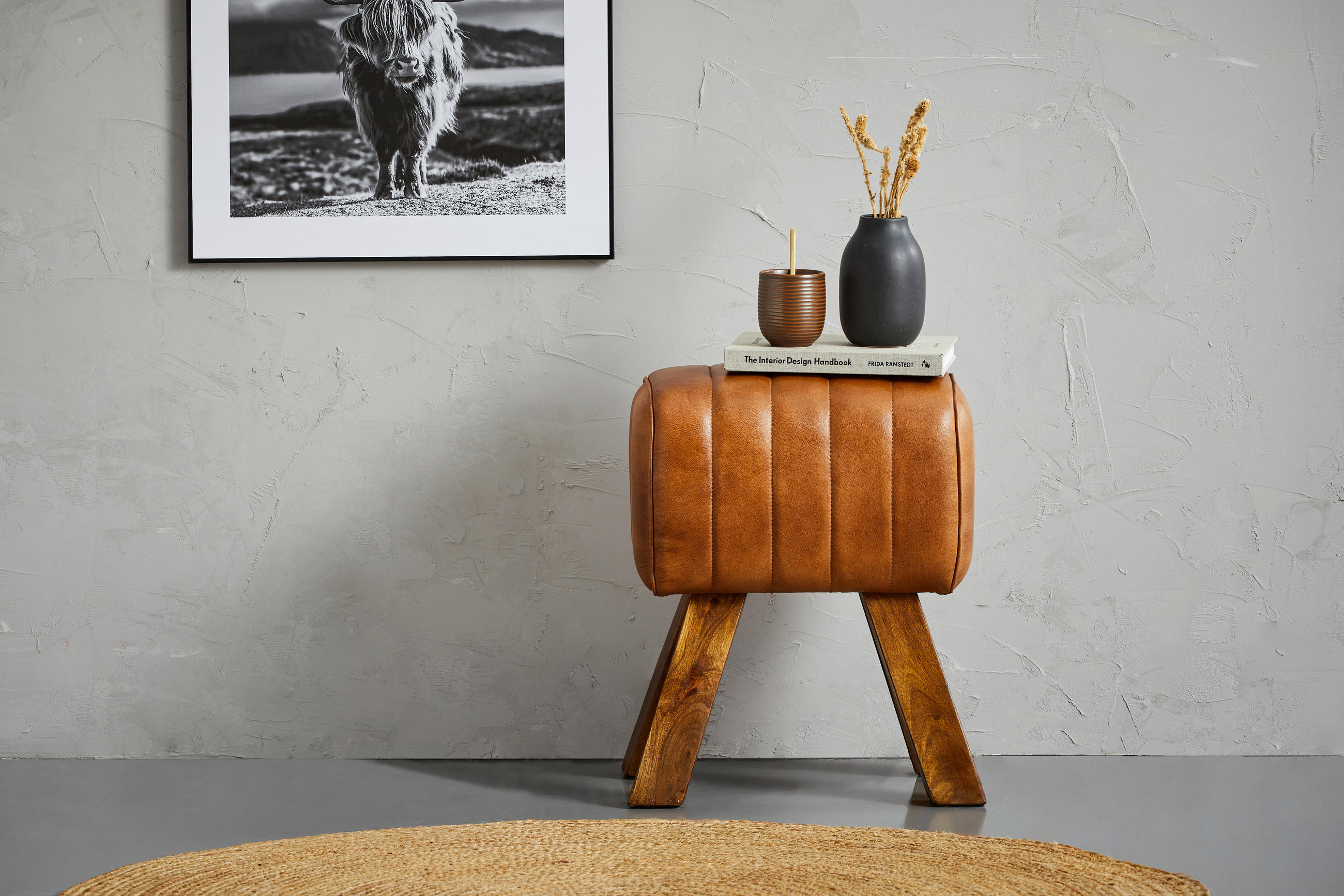 HOCKER Echtleder Mangoholz Braun  - Naturfarben/Braun, LIFESTYLE, Leder/Holz (42/45/35cm) - Livetastic