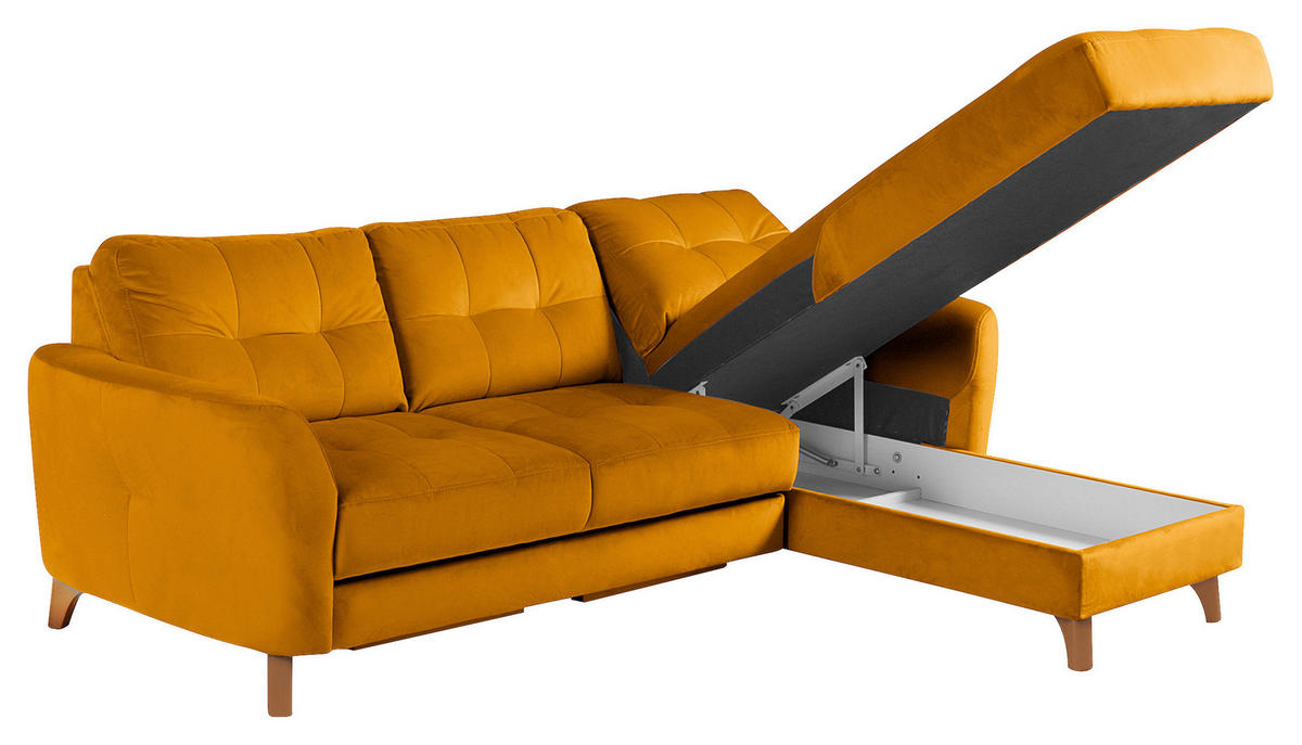ECKSOFA Gelb Samt Bettkasten, Schlaffunktion, Liegefläche im Originalstoff  - Gelb/Buchefarben, Design, Holz/Textil (238/168cm) - Livetastic