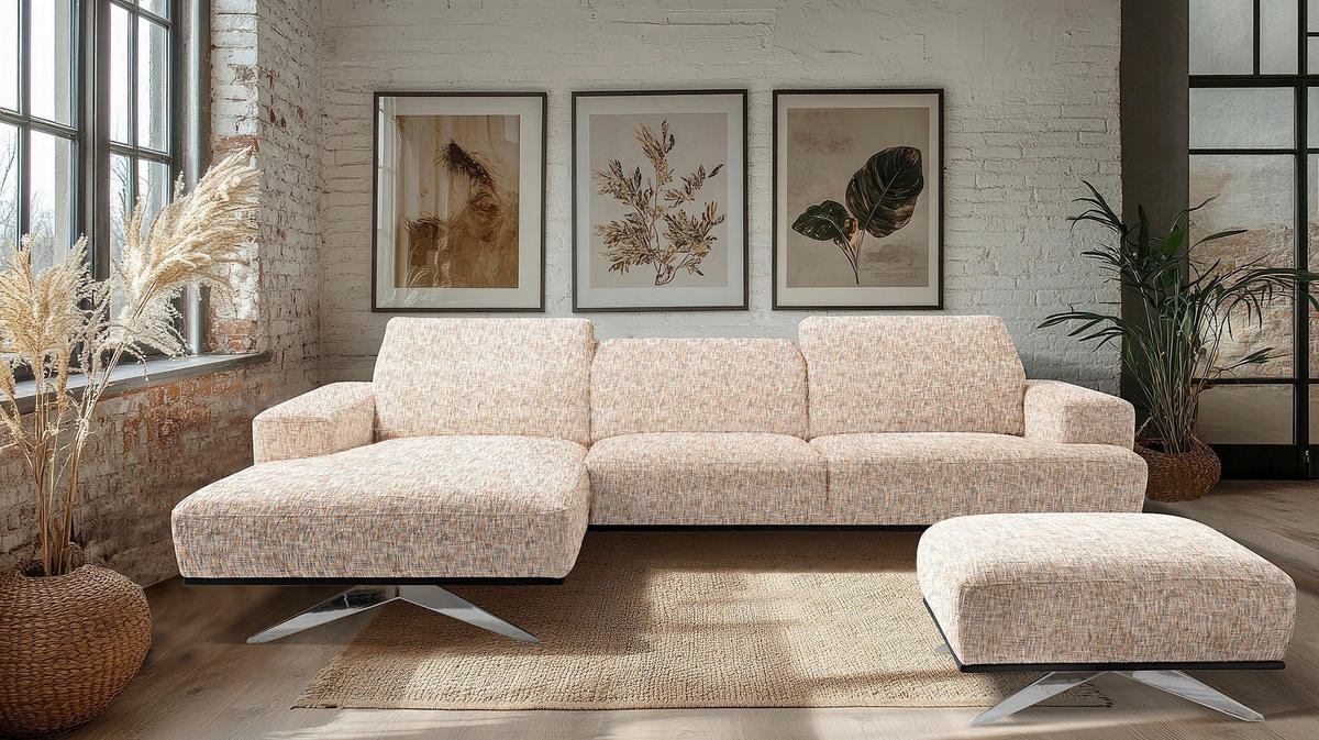 ECKSOFA PORTLAND in Struktur Blau, Gelb, Rot, Weiß Kopfteilverstellung  187/295 cm  - Chromfarben/Blau, Design, Holz/Textil (187/295cm) - Livetastic