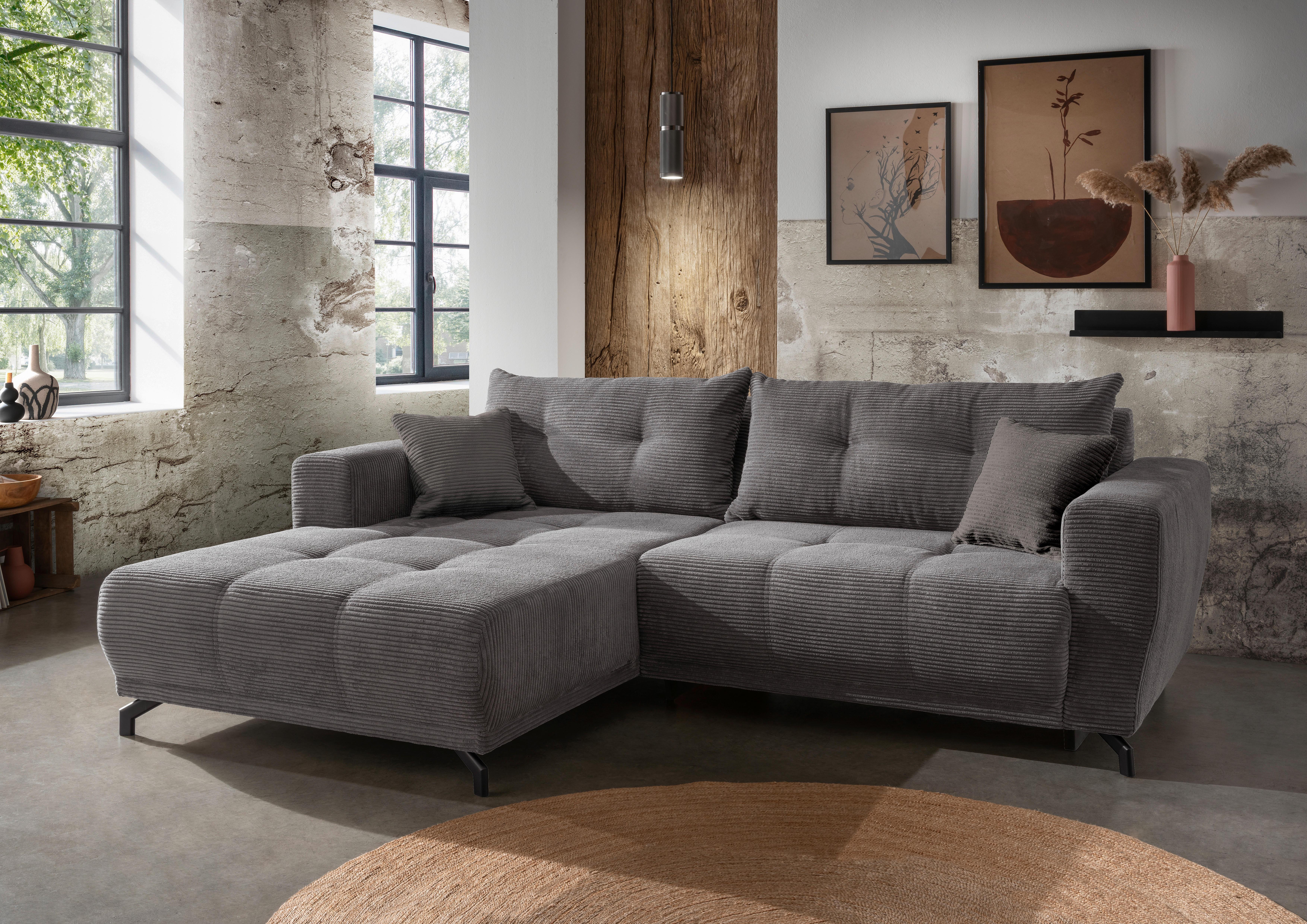 ECKSOFA Grau Cord  - Schwarz/Grau, MODERN, Holz/Textil (177/246cm) - MID.YOU