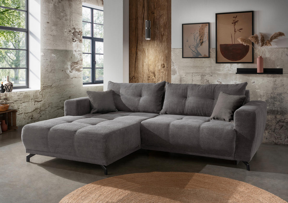 ECKSOFA Grau Cord  - Schwarz/Grau, MODERN, Holz/Textil (177/246cm) - MID.YOU